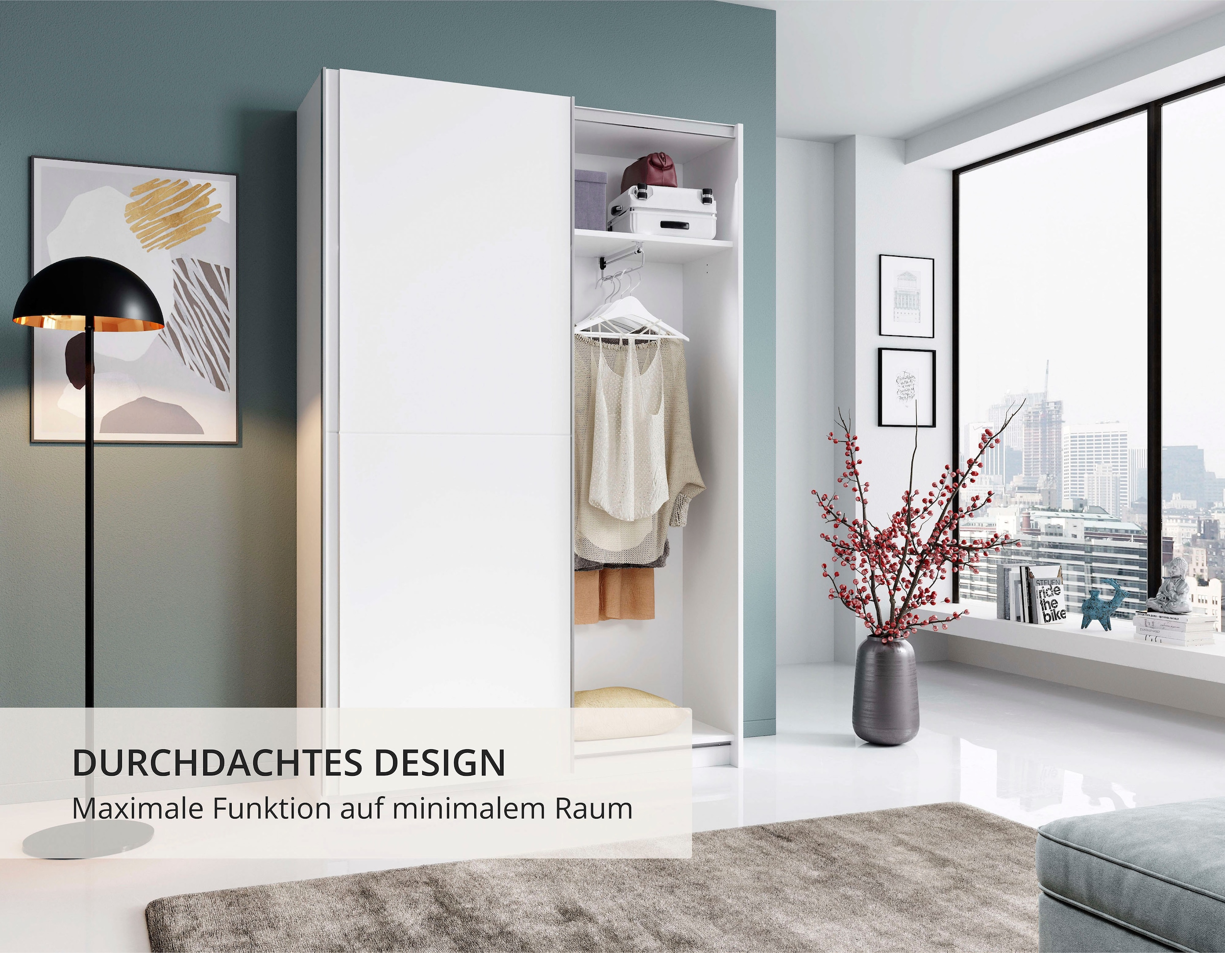 Schlafkontor Schwebetürenschrank »Heimo/Fast Schrank Kleiderschrank Garderobe«, geringe Tiefe, ausziehbarer Kleiderstange, Garderobenschrank, 6 Böden