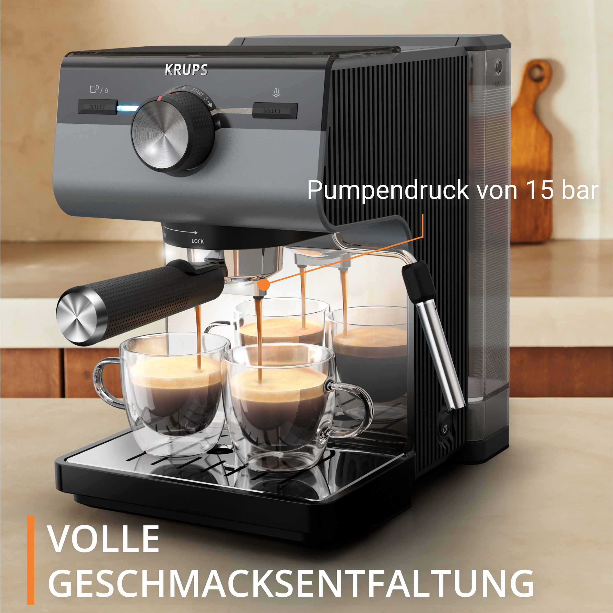 Krups Siebträgermaschine »XP384G Authentic+«, intuitives Bedienfeld, Milch-Aufschäumdüse, 3 Siebeinsätze