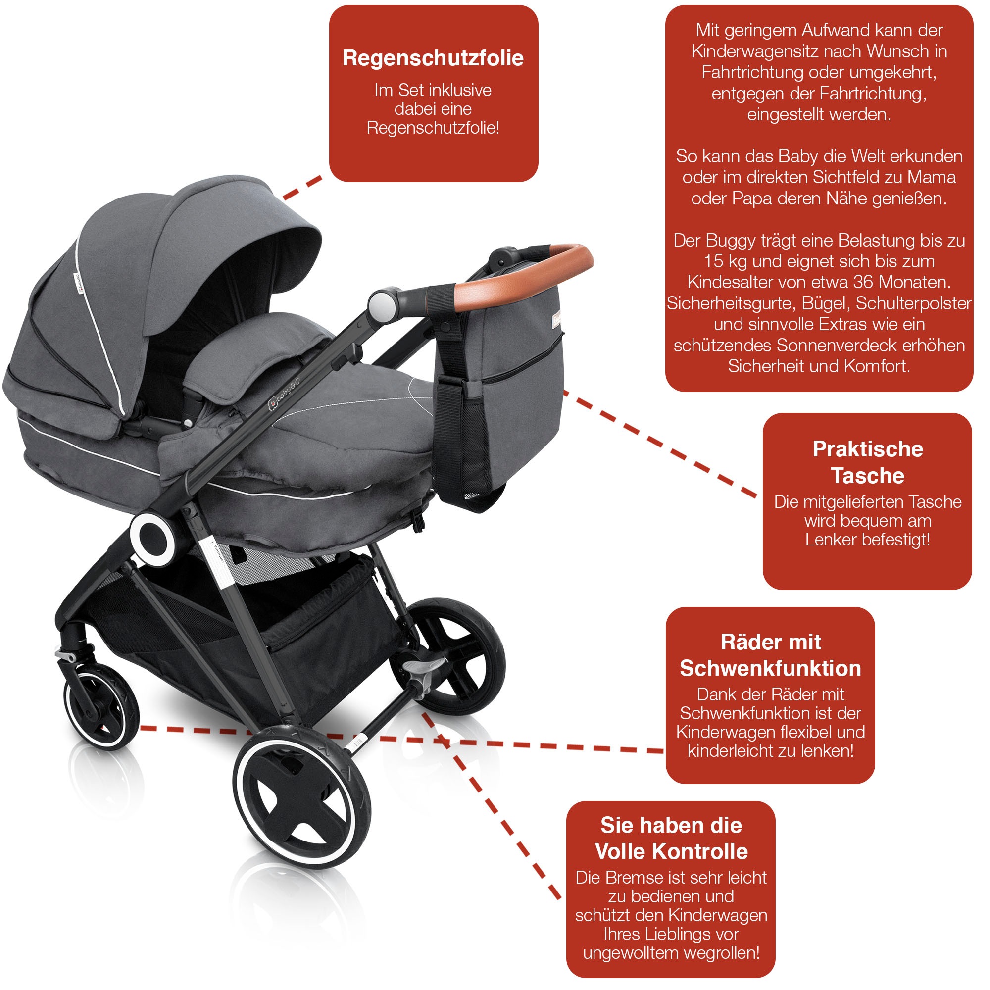 BabyGo Kombi-Kinderwagen »Halime 3in1«, inklusive Babywanne, Babyschale, Regenhaube & Wickeltasche