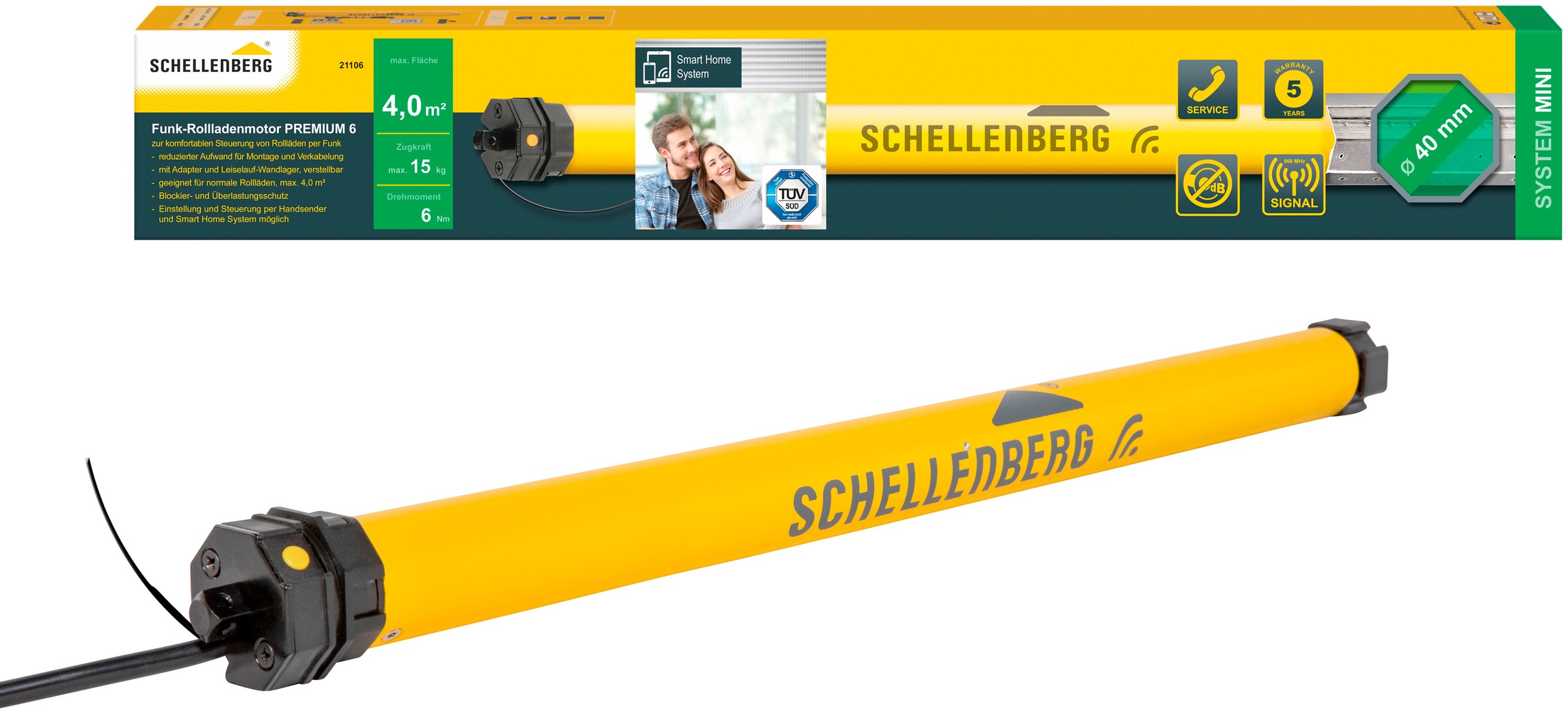 SCHELLENBERG Rollladenmotor »Premium, Rohrmotor mit Funk Endlageneinstellung«, geeignet für 40 mm Rollladenwellen, Mini, 6 Nm, Zugkraft 15 kg