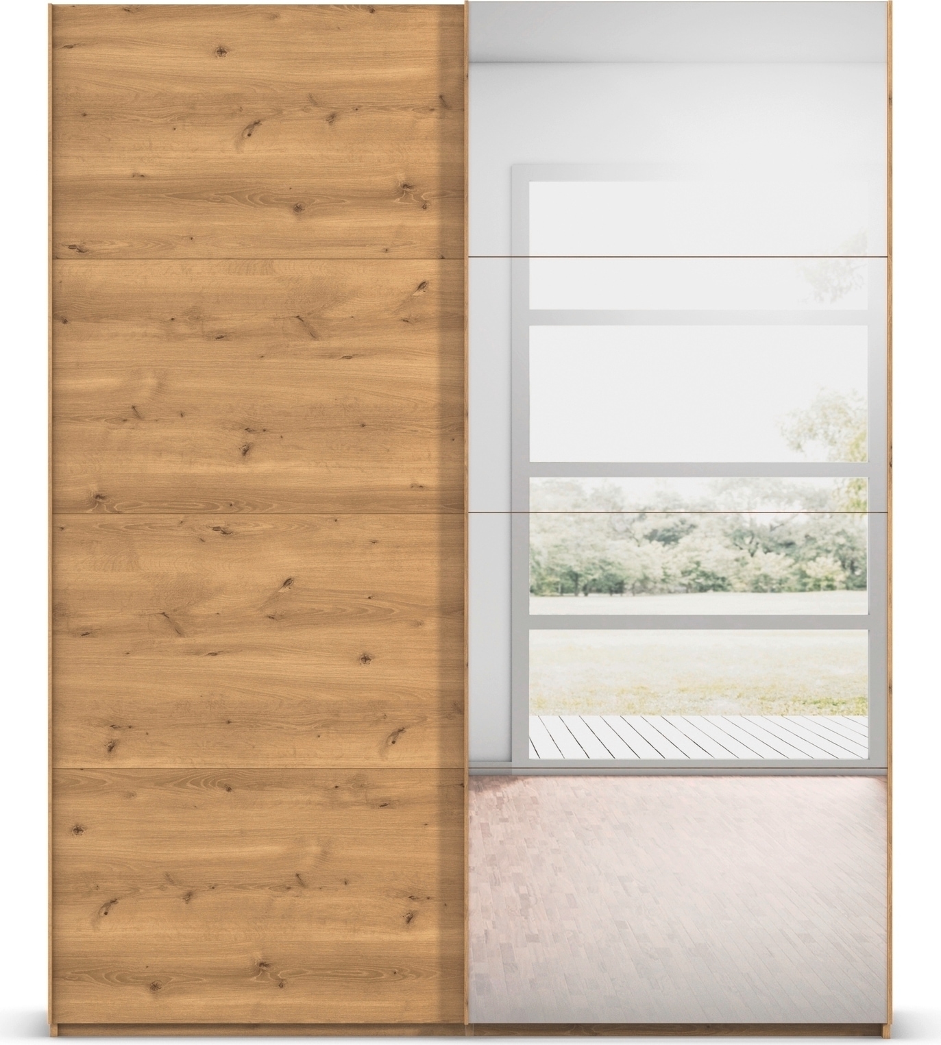 rauch Schwebetürenschrank »Kleiderschrank Schrank Garderobe Schlafzimmerschrank SCALE-FYRA«, edle viergeteilte Türen mit Spiegel und vielen Farben MADE IN GERMANY