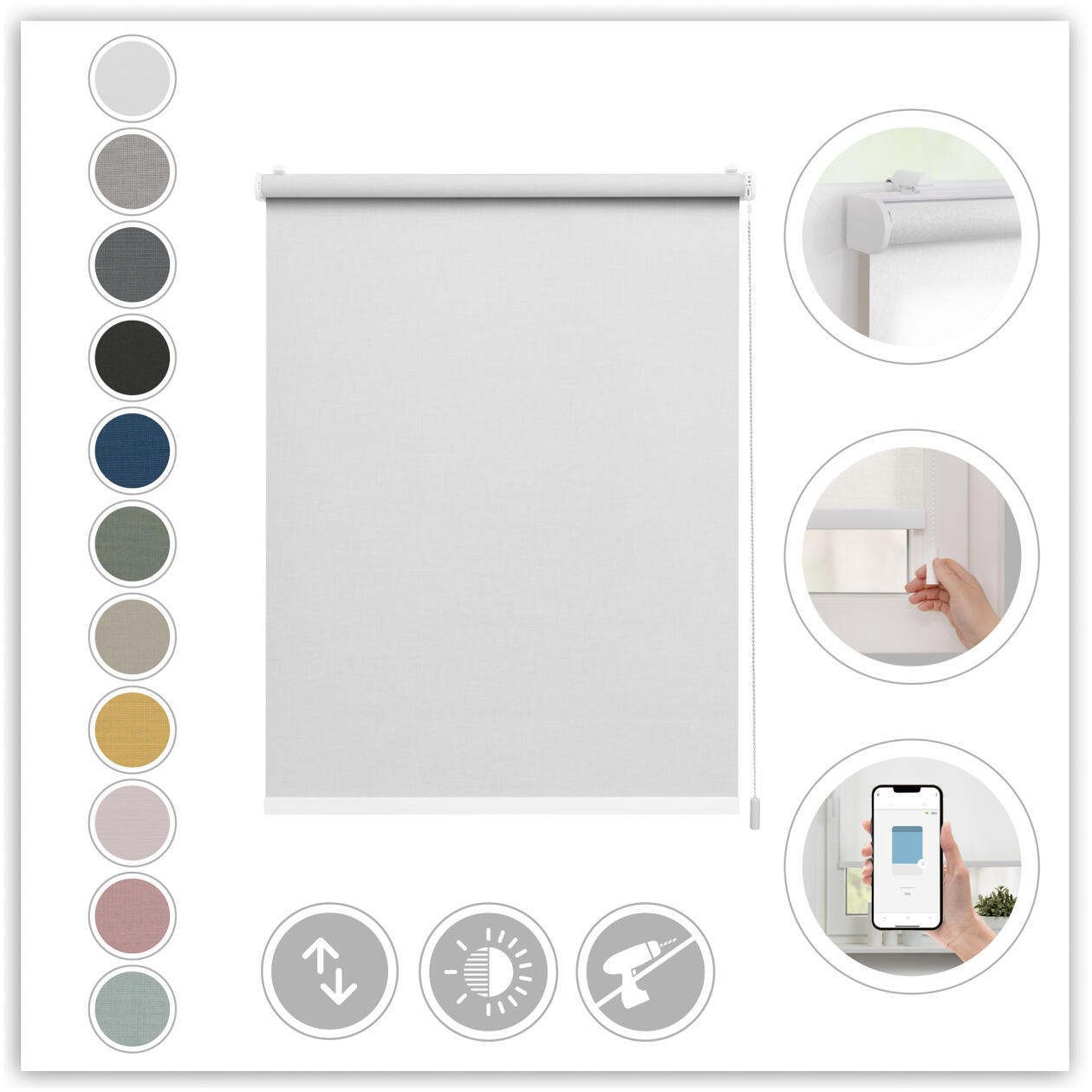 LICHTBLICK ORIGINAL Rollo »Klemmfix, ohne Bohren«, blickdicht, Blendschutz-Sichtschutz, mit Bohren/ohne Bohren, freihängend, Steuerbar mit Bluetooth-App, integrierter Elektromotor und Akku