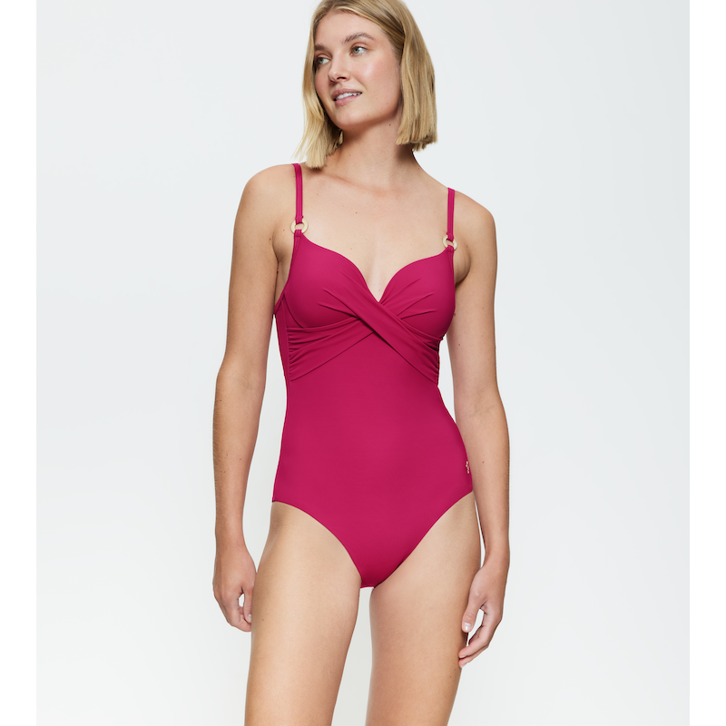 TRIUMPH Badeanzug »Summer Twist« schnelltrocknende Cups, Raffung vorne BERRY 42 - Cup E Cup E 42 Gepolsterter Badeanzug mit Bügel