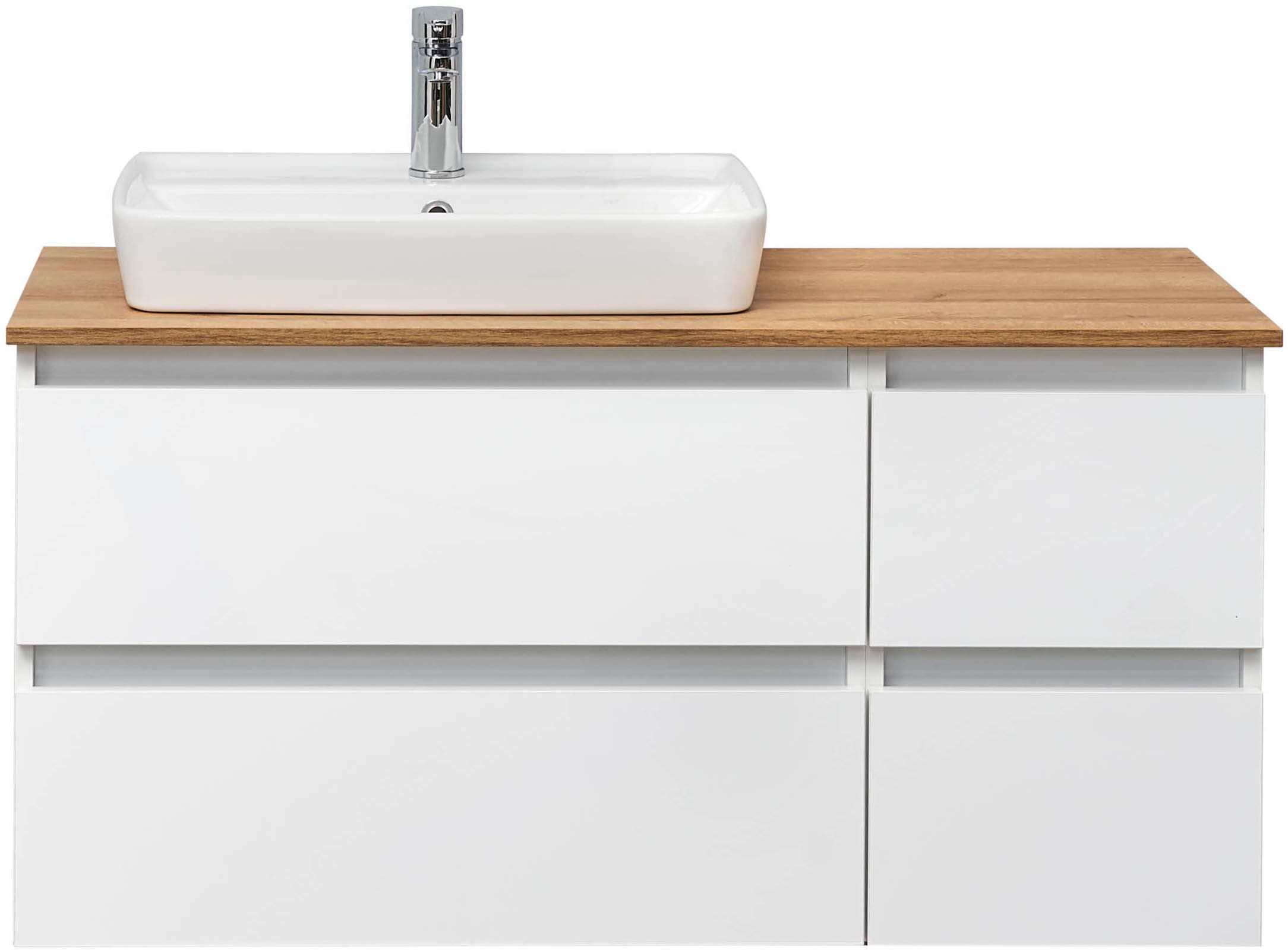 Saphir Badmöbel-Set »Quickset 360 2-teilig, mit Keramik-Aufsatzbecken und LED-Spiegel«, (Set, 2 St.), in Weiß Glanz, Riviera Eiche quer Nachbildung, 4 Schubladen