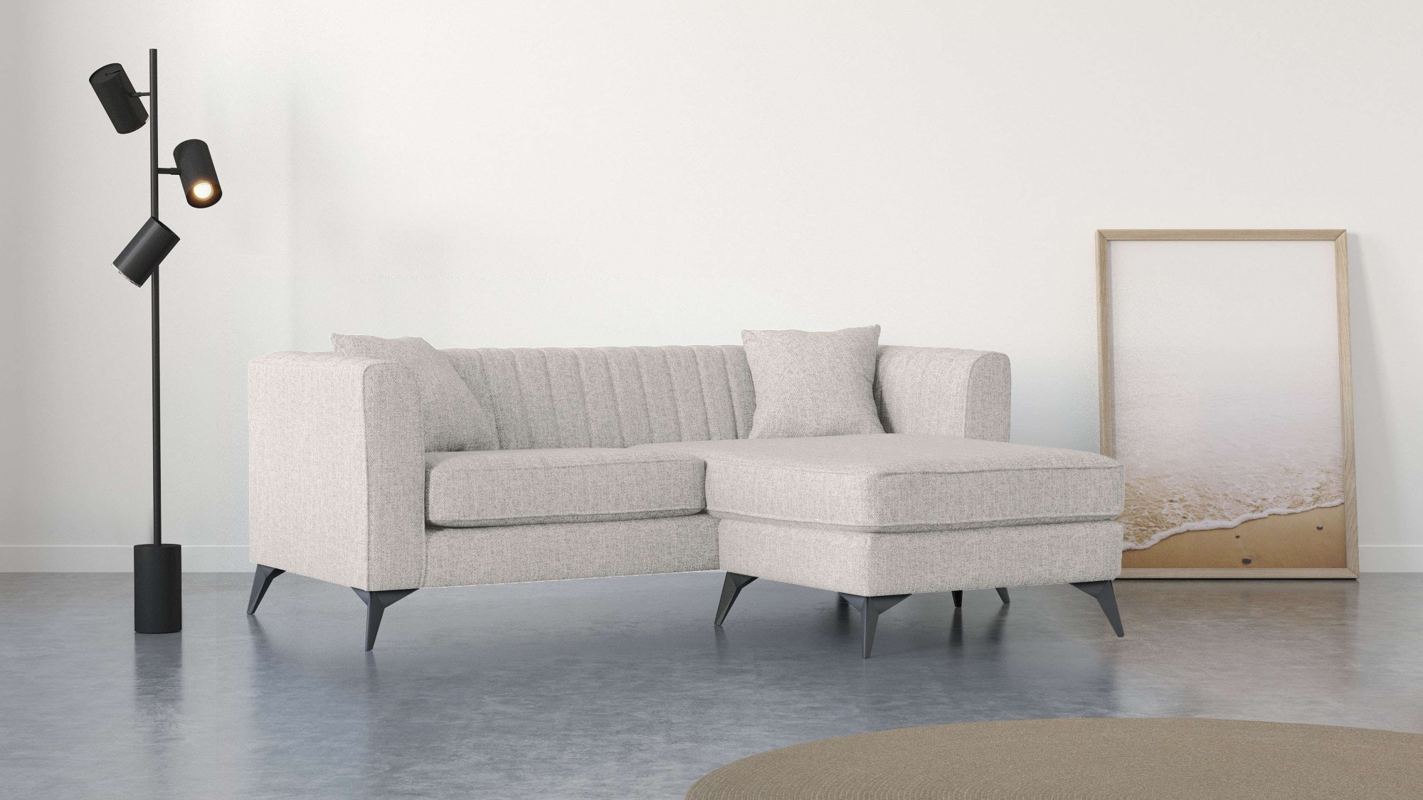 Places of Style Ecksofa »MATTHEW L-Form ideal für kleine Räume, Maße B/T/H: 201/162/74 cm«, elegantes Designsofa, feine Steppung im Rücken, incl. Zierkissen