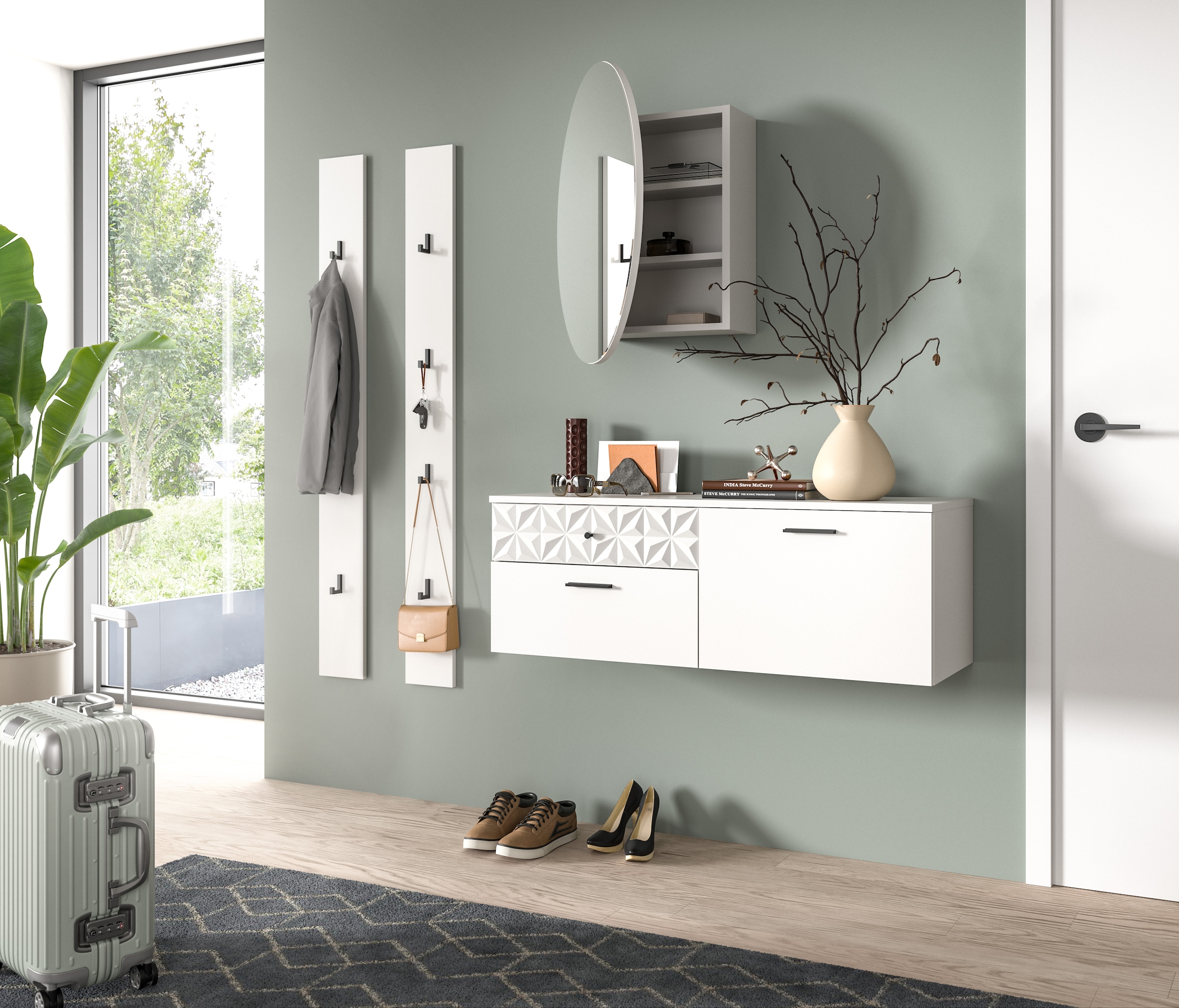 INOSIGN Garderoben-Set »VICENZA, 4-tlg., mit foraler Ornamentabsetzung in der Front«, (4 St.), best. aus.: Schuhschrank, Spiegelschrank und 2x Hakenpaneel