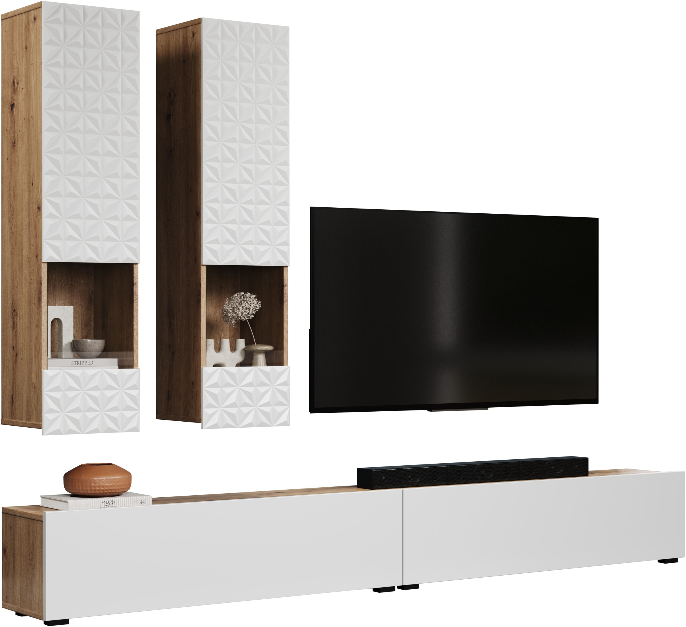 INOSIGN Wohnwand »Rezzo, 2 Hängevitrinen mit Relief-Front, 2 Lowboards je Br. 120 cm«, (Komplett-Set, 4 St.), insgesamt Br. 240 cm, Montage stehend oder hängend