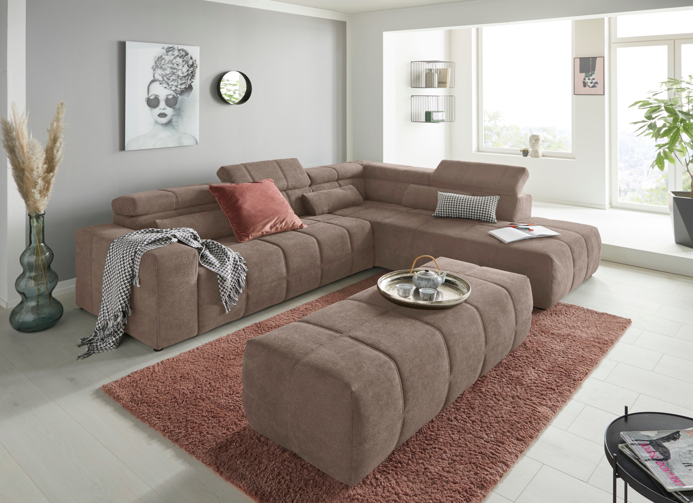 DOMO collection Ecksofa »Brandon L-Form, auch in Leder«, inklusive Kopfteilverstellung, wahlweise mit Sitztiefenverstellung