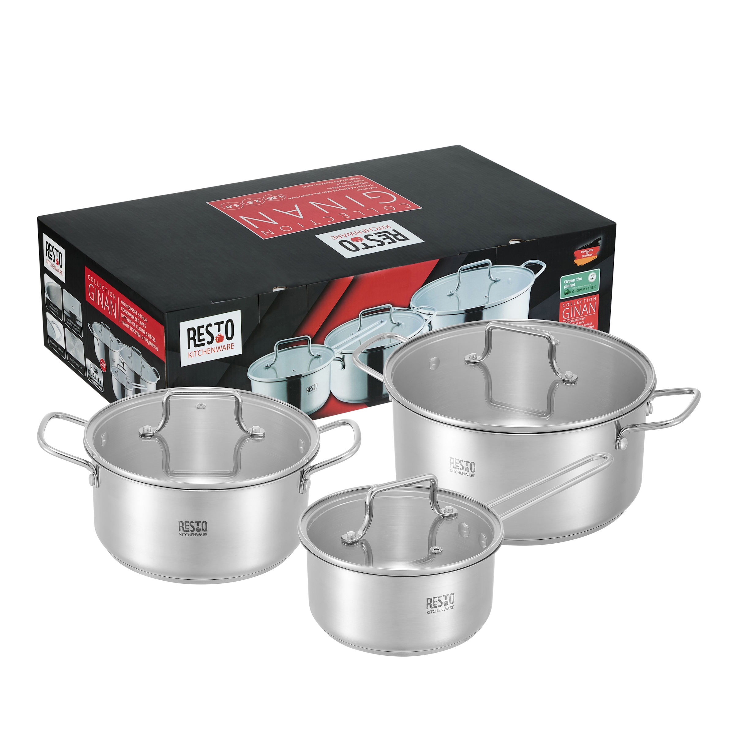 RESTO Kitchenware Topf-Set »GINAN im Geschenkkarton, spülmaschinengeeignet« Set, 1x Soßentopf Ø 16 cm mit Deckel, je 2x Kochtopf Ø 20/24 cm mit Deckel, 6 tlg. Edelstahl 18/10