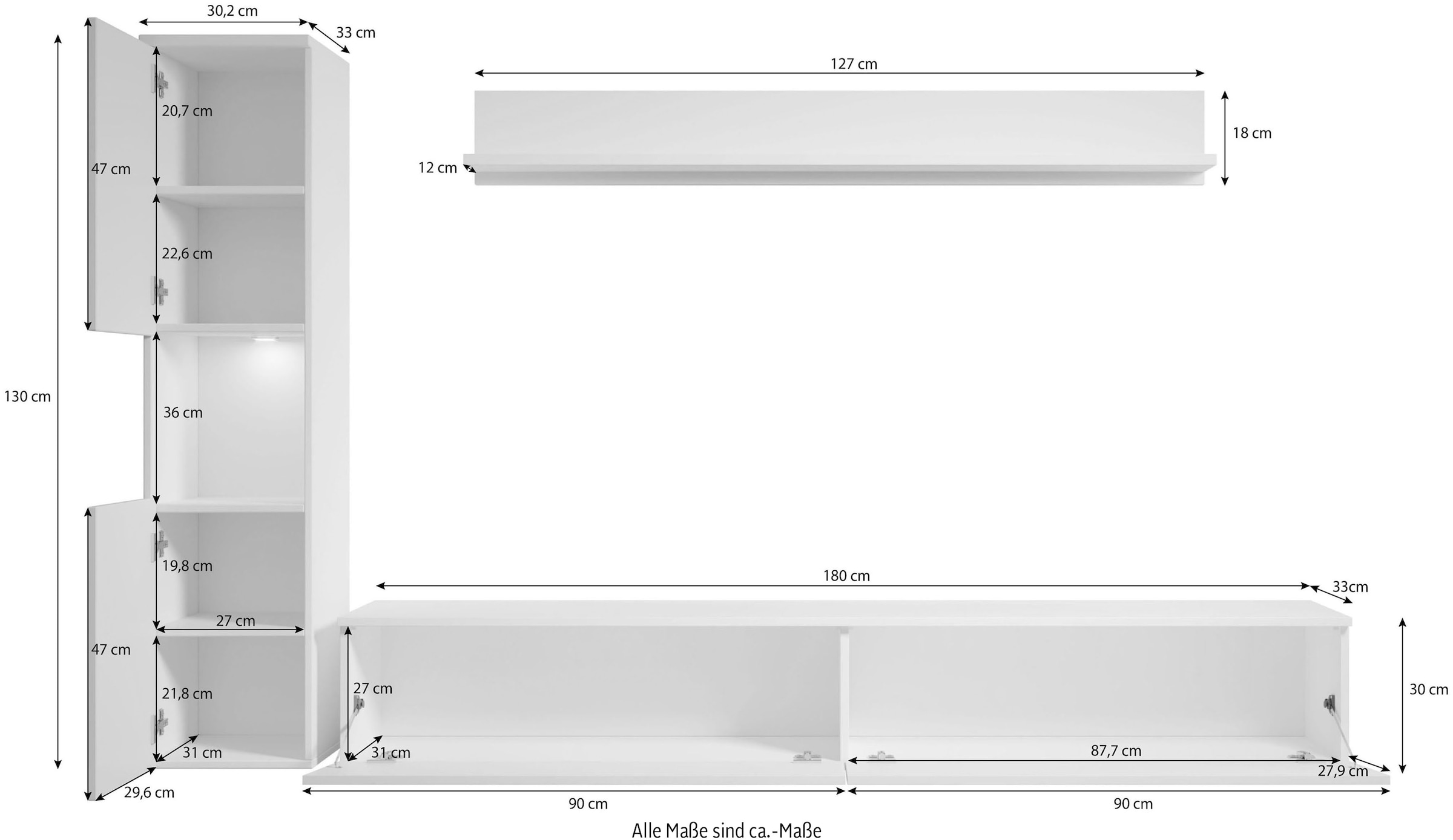 INOSIGN Wohnwand »PARIS, Vitrine Türanschlag links/rechts wechselbar«, (Komplett-Set, 3 St.), grifflose Design, stehend und hängend montierbar