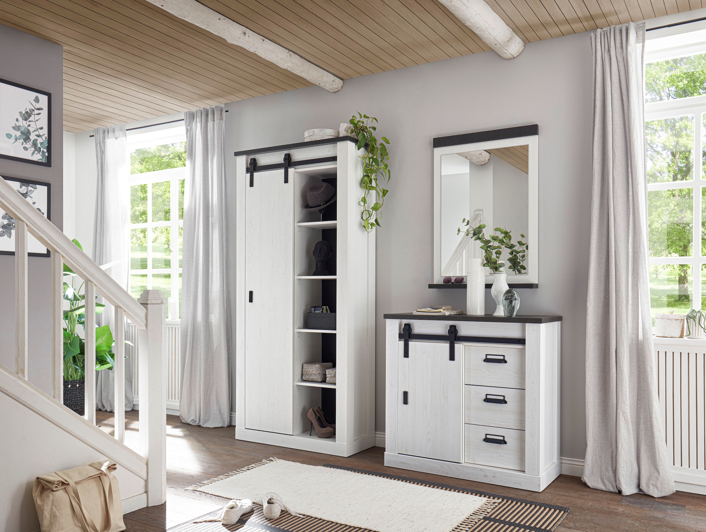 Home affaire Garderoben-Set »SHERWOOD«, (3 St.), mit Scheunentorbeschlag, Apothekergriffe aus Metall