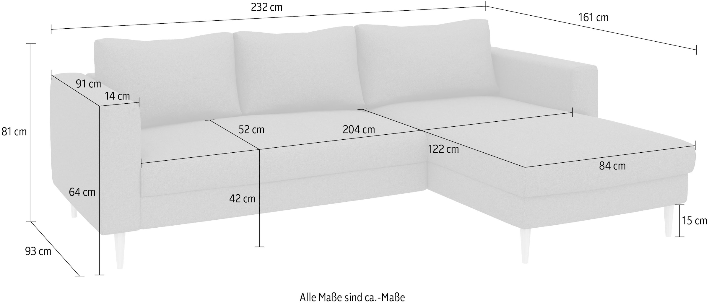 TRENDMANUFAKTUR Ecksofa »Amazing, wahlw. mit Schlaffunktion & Bettkasten, Fuß Buche lackiert« Recamiere beidseitig montierbar, L-Form,in Cord o. Struktur, B: 232 cm