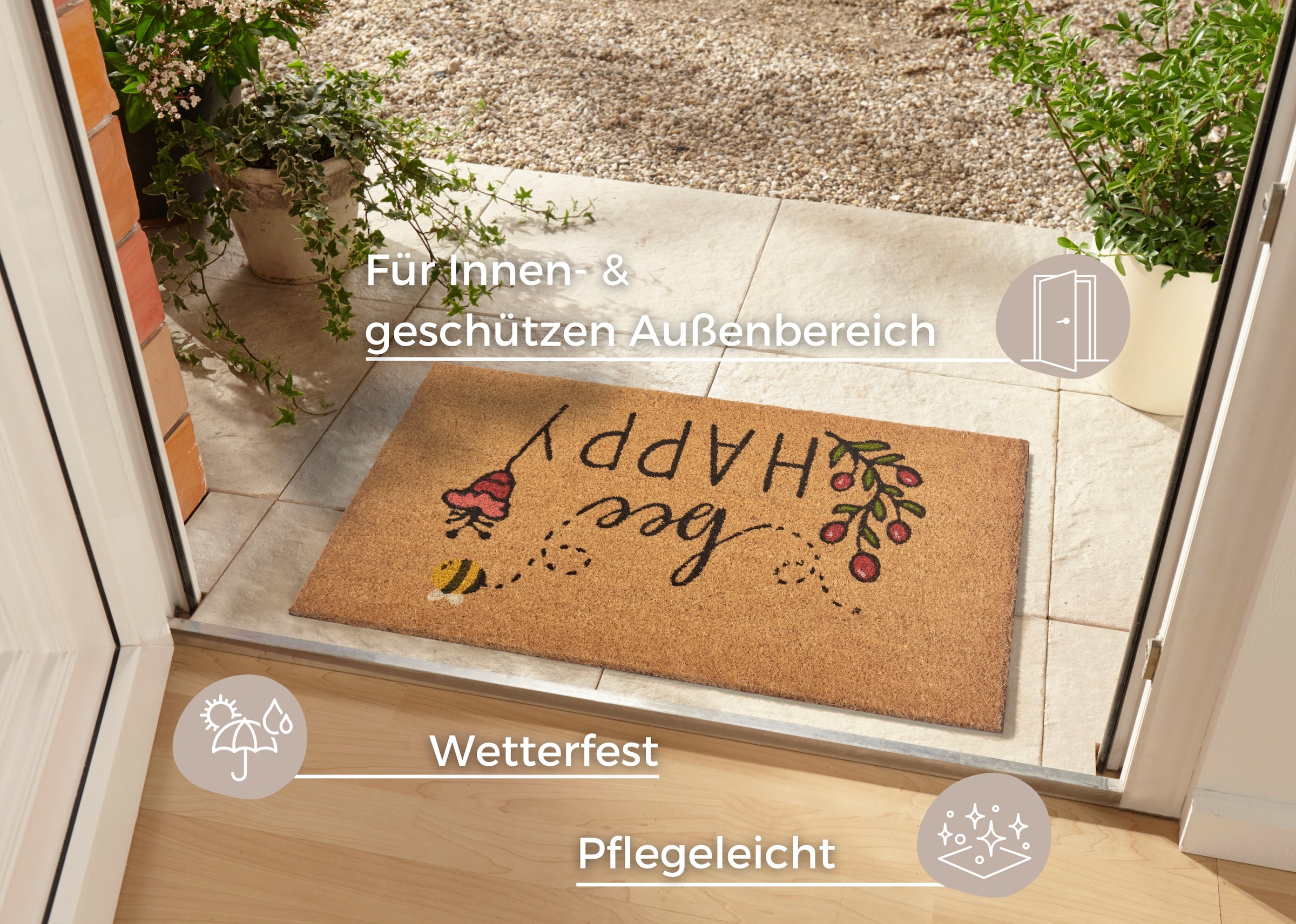 HANSE Home Fußmatte »Bee Happy, Türmatte«, rechteckig, 15 mm Höhe, Kokos, Schmutzfangmatte, Outdoor, Rutschfest, Innen, Kokosmatte, Flur
