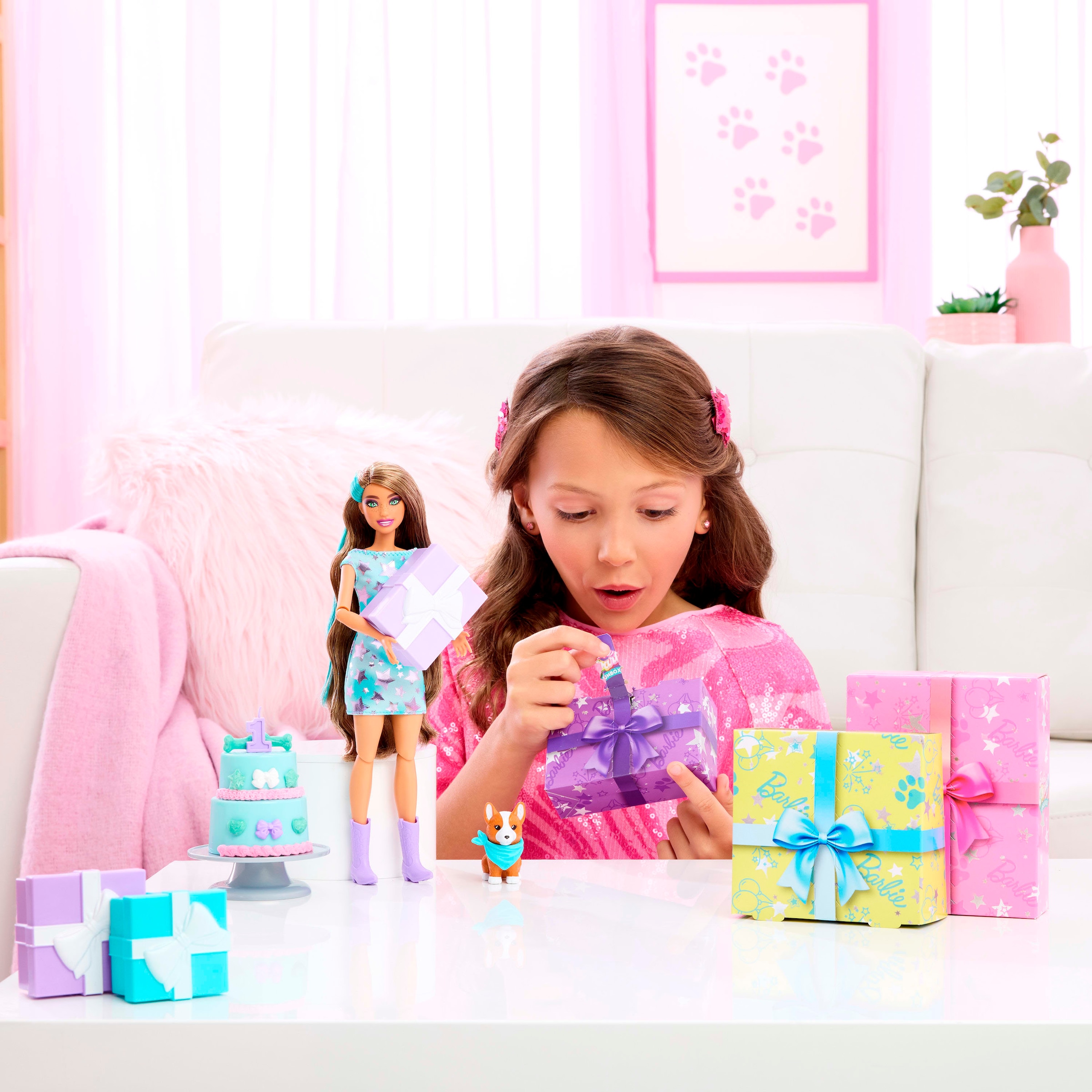 Barbie Anziehpuppe »Party Unboxed Haustier-Geburtstagsserie, blaues Kleid«
