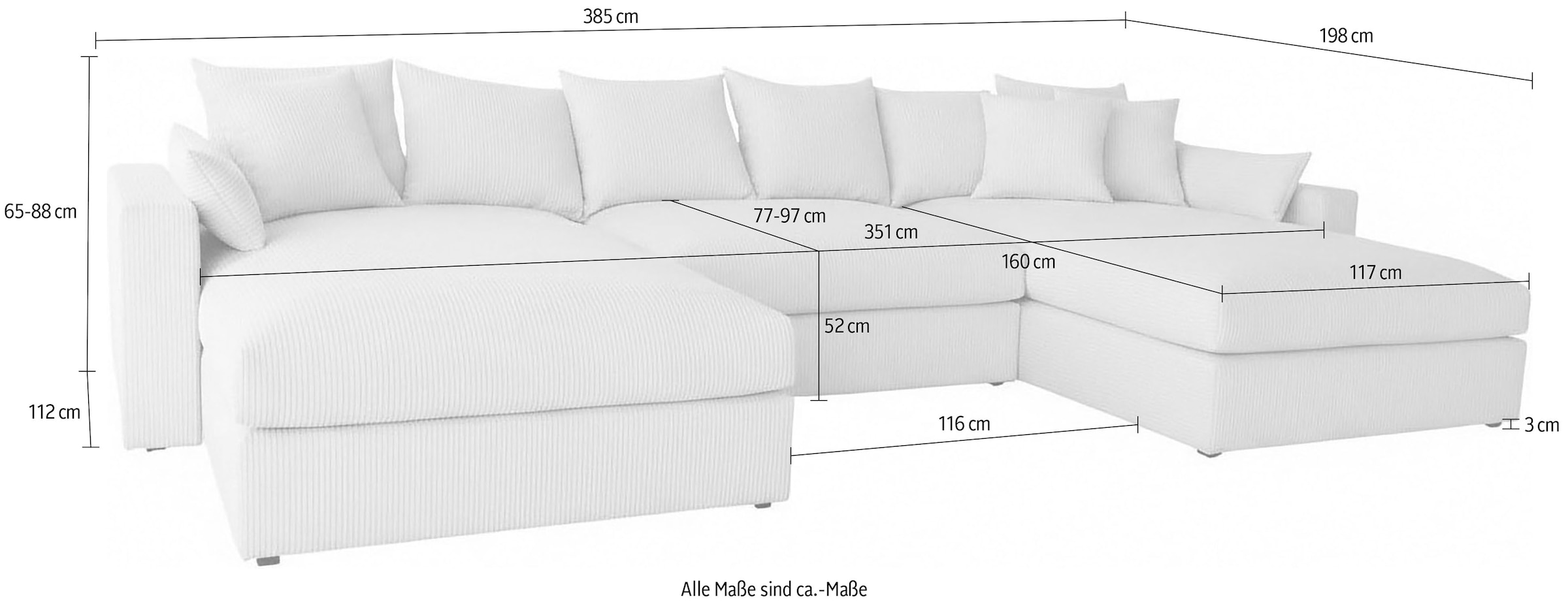 OTTO home Wohnlandschaft »Cosy Lounge U-Form, Breite 385 cm« Mega-Sofa mit Cordstoff bezogen, mit Federkern & 5 Zierkissen