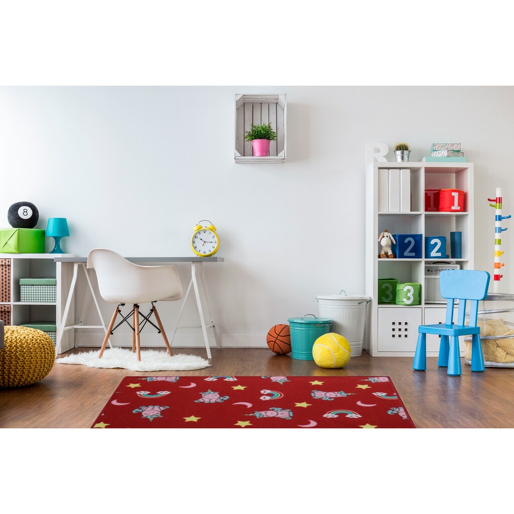 Living Line Kinderteppich »Einhorntraum«, rechteckig, 7 mm Höhe, Velours, Motiv Einhorn + Regenbogen, Kinderzimmer