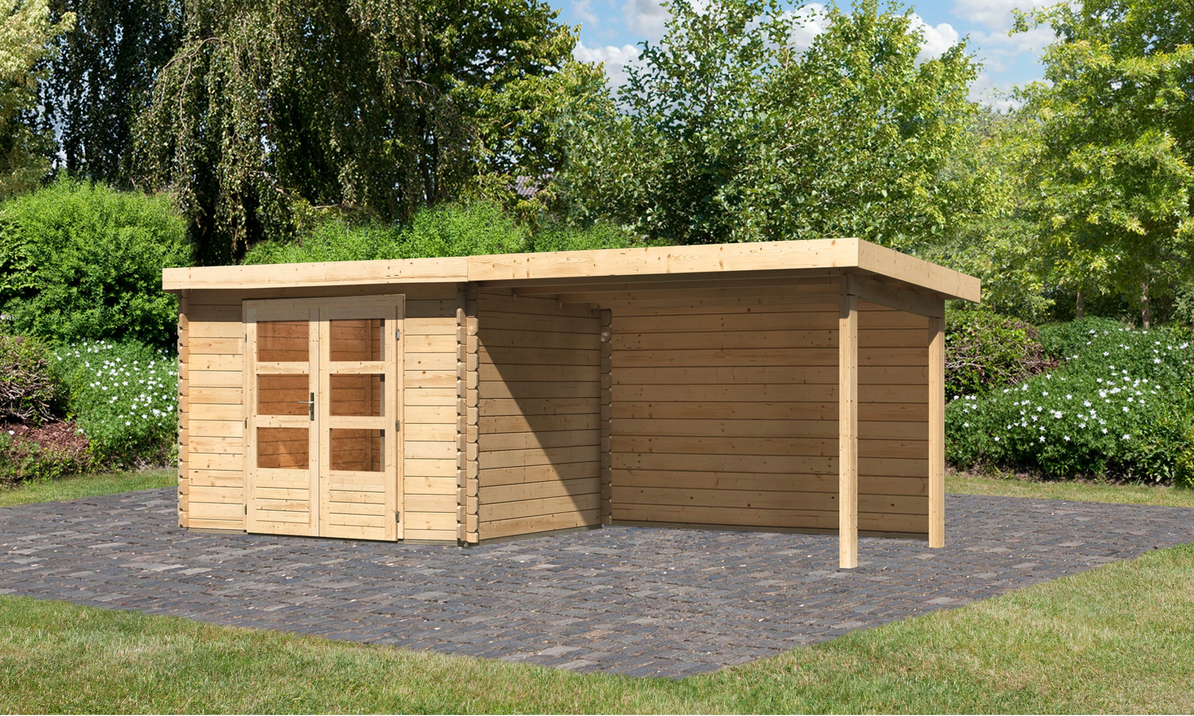 Karibu Gartenhaus »Schloßsee 3«, mit Anbaudach und Rückwand