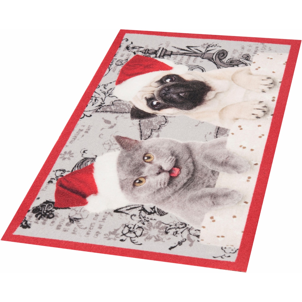 HANSE Home Fußmatte »Christmas Cat Dog«, rechteckig, Motiv Hund & Katze, Pflegeleicht, Rutschfest, Weihnachten, Waschbar