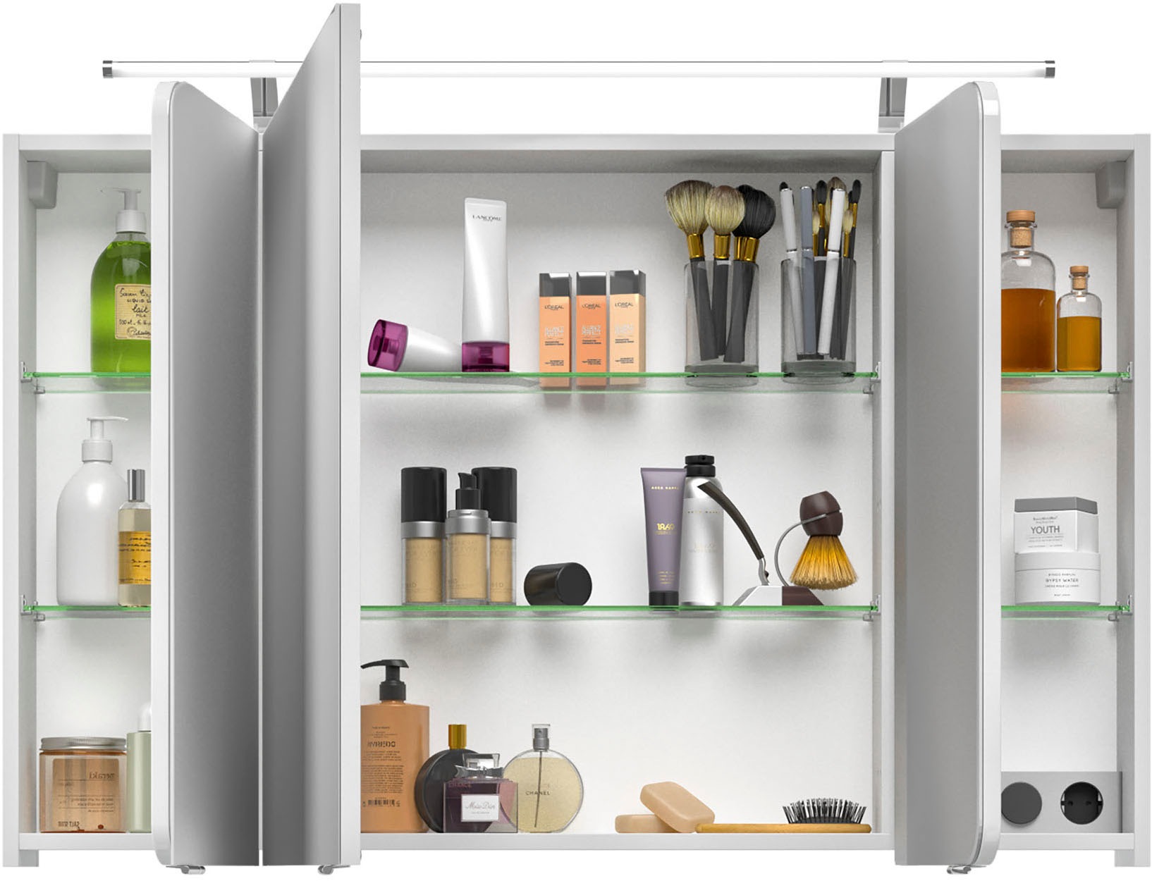 Saphir Badmöbel-Set »Serie 4005, vormontiert, Glaswaschbecken, Spiegelschrank«, (Set, 5 St.), Badezimmer-Set mit Unterschrank, Midischrank, inkl. Türdämpfer