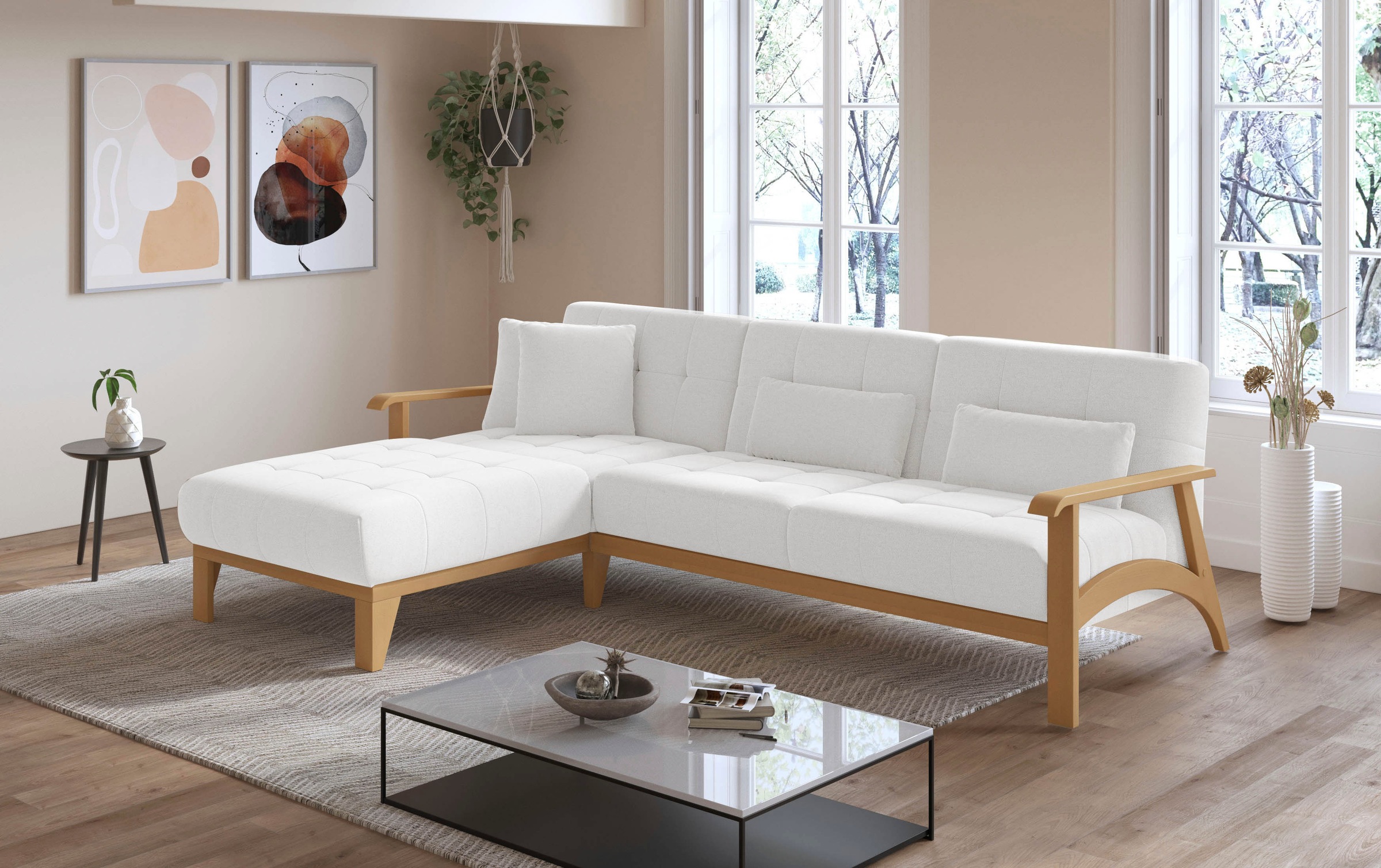 sit&more Ecksofa »Billund L-Form«, Armlehnen aus eichefarbigem Buchenholz, verschiedene Bezüge und Farben