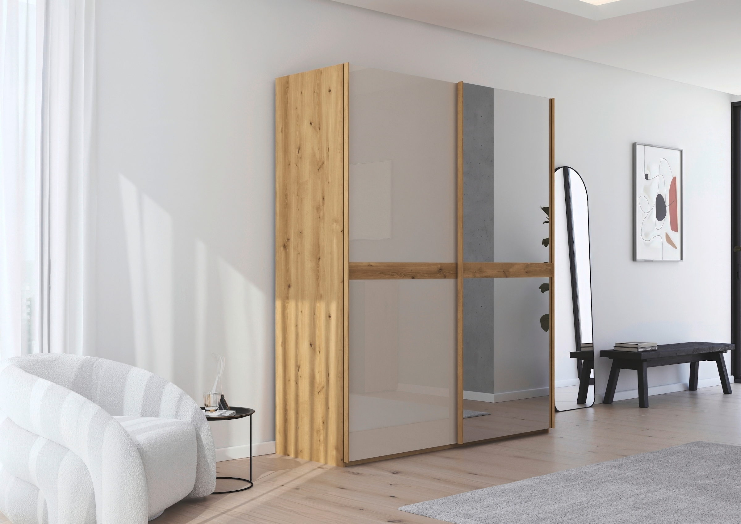 rauch Schwebetürenschrank »Kleiderschrank Schrank Garderobe Schlafzimmerschrank SCALE-LINE«, edle Optik mit Bauchbinde mit Glas/Spiegel-Front MADE IN GERMANY
