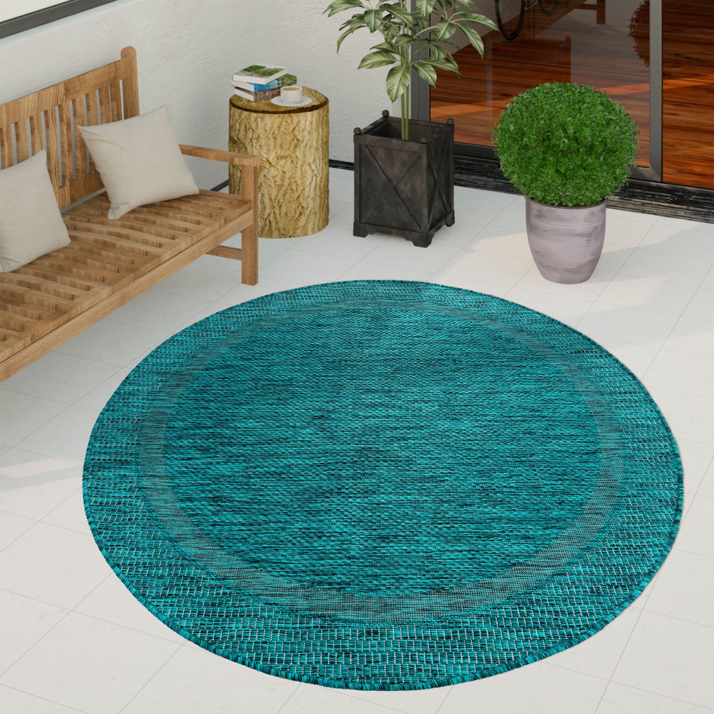 Paco Home Teppich »Roma 272«, rund, 4 mm Höhe, Flachgewebe, meliert, mit dezenter Bordüre, In- und Outdoor geeignet