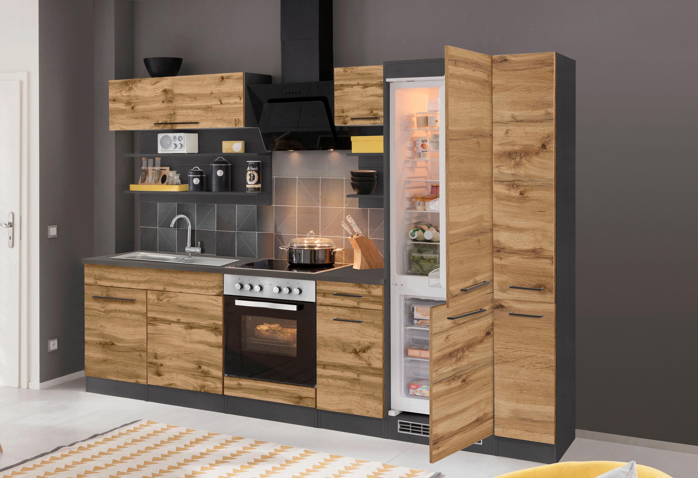 KOCHSTATION Küchenzeile »KS-Tulsa«, mit E-Geräten, Breite 300 cm, schwarze Metallgriffe, MDF Fronten
