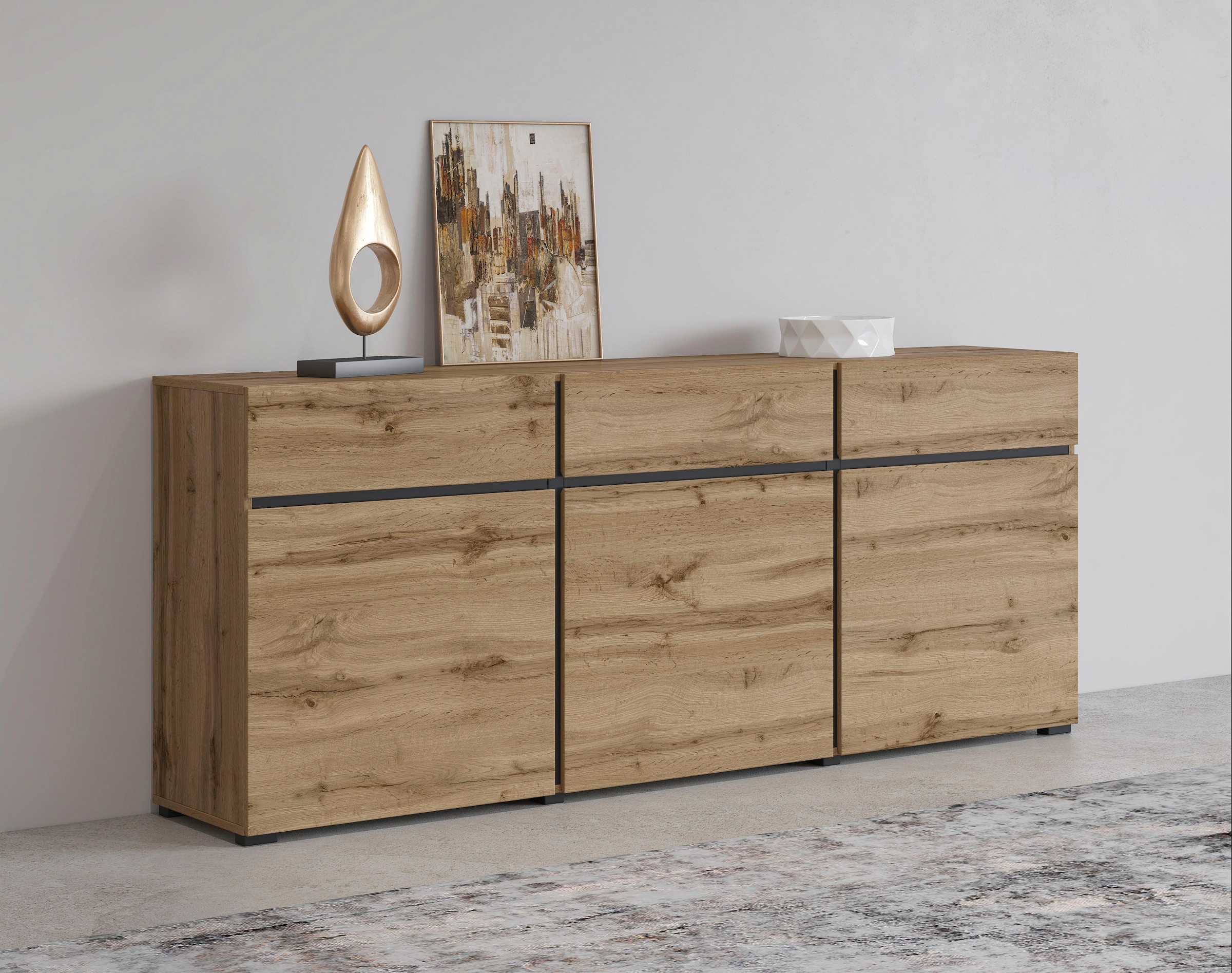 INOSIGN Sideboard »Cross,Breite 180 cm, moderne grifflose Kommode,3 Türen/3 Schubkästen«, Schubladenschrank mit viel Stauraum, Einlegeböden verstellbar