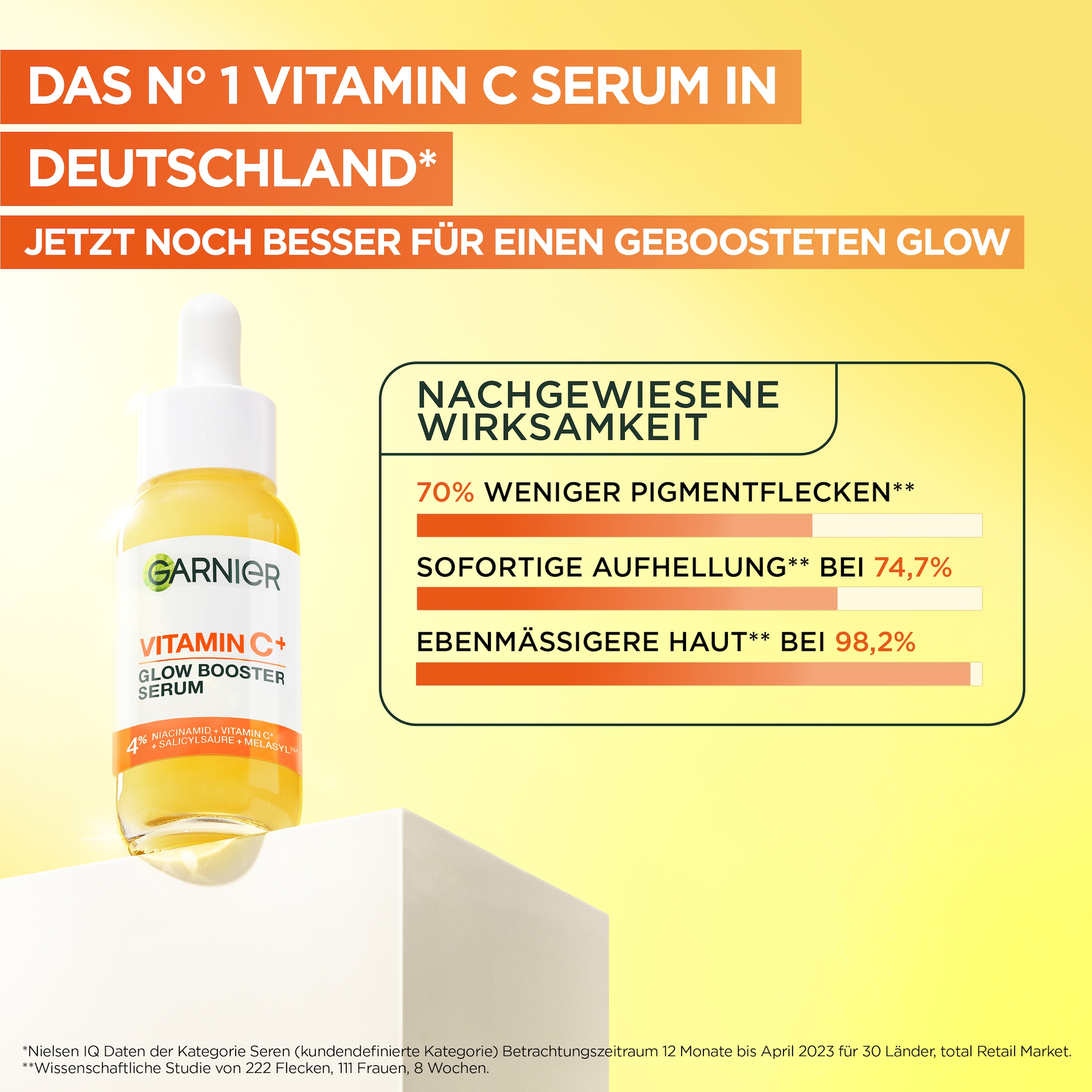 GARNIER Gesichtsserum »Garnier Vitamin C+ Glow Booster Serum«, Mildert Pigmentflecken, glättet die Haut, auch für empfindliche Haut.