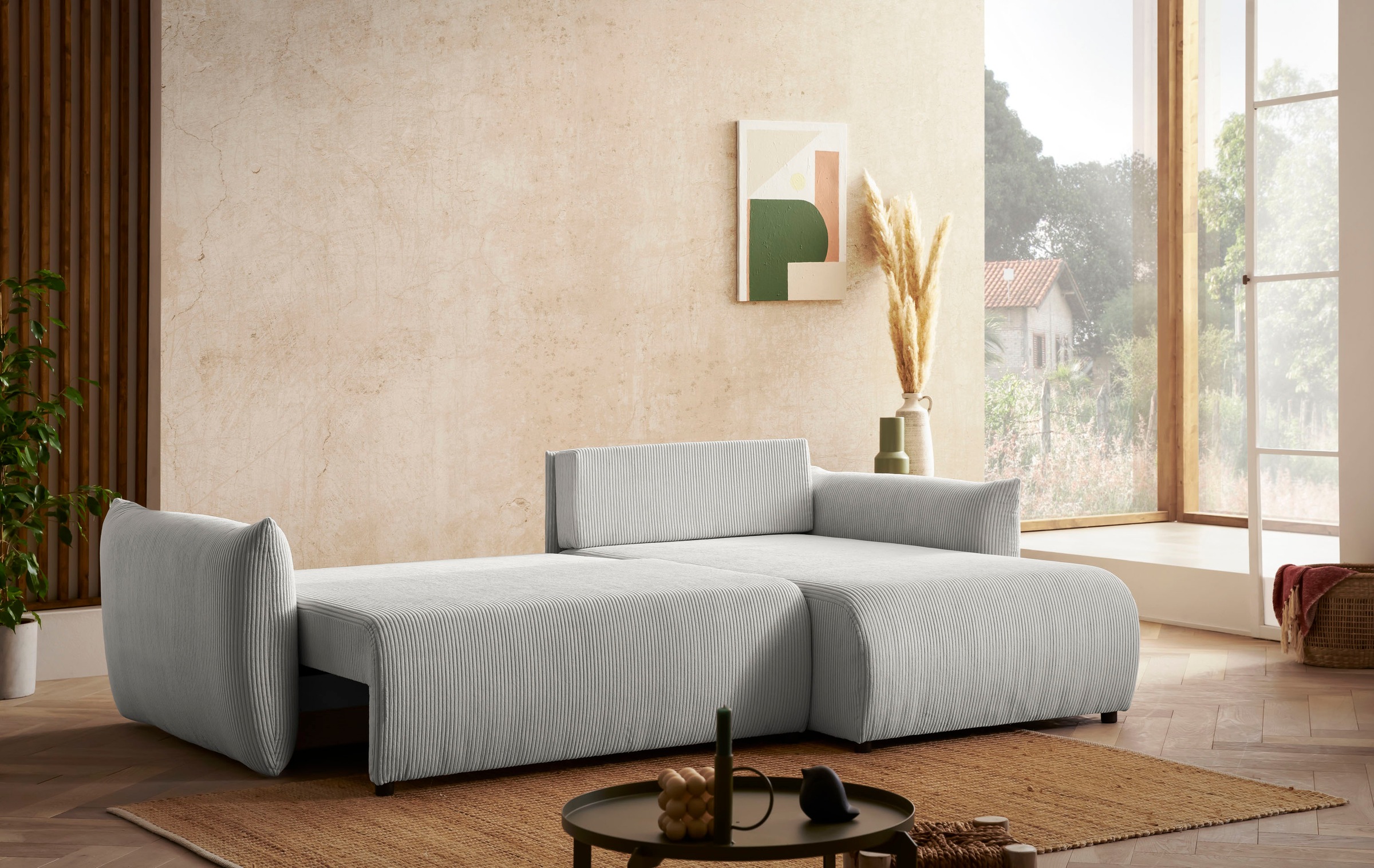 INOSIGN Ecksofa »MAVAS Schlafsofa mit Bettkasten, L-Form,«, ca.257/127cm (Liegefläche 212/145 cm), Cord, Chenille, Struktur