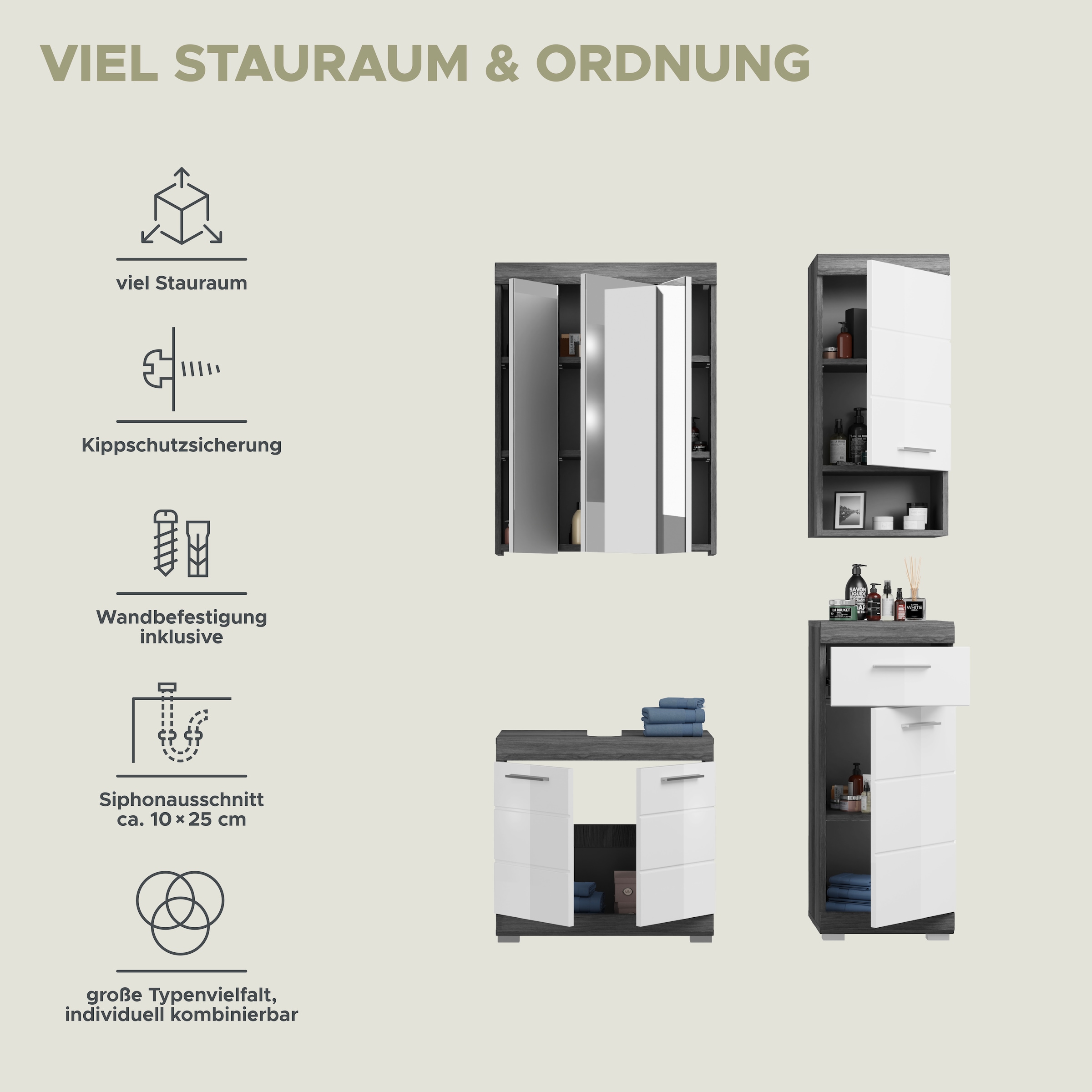 INOSIGN Badmöbel-Set »Siena, 4 teilig, bestehend aus:«, (Set, 4 St.), Waschbeckenunterschrank, Spiegelschrank, Unterschrank, Hängeschrank
