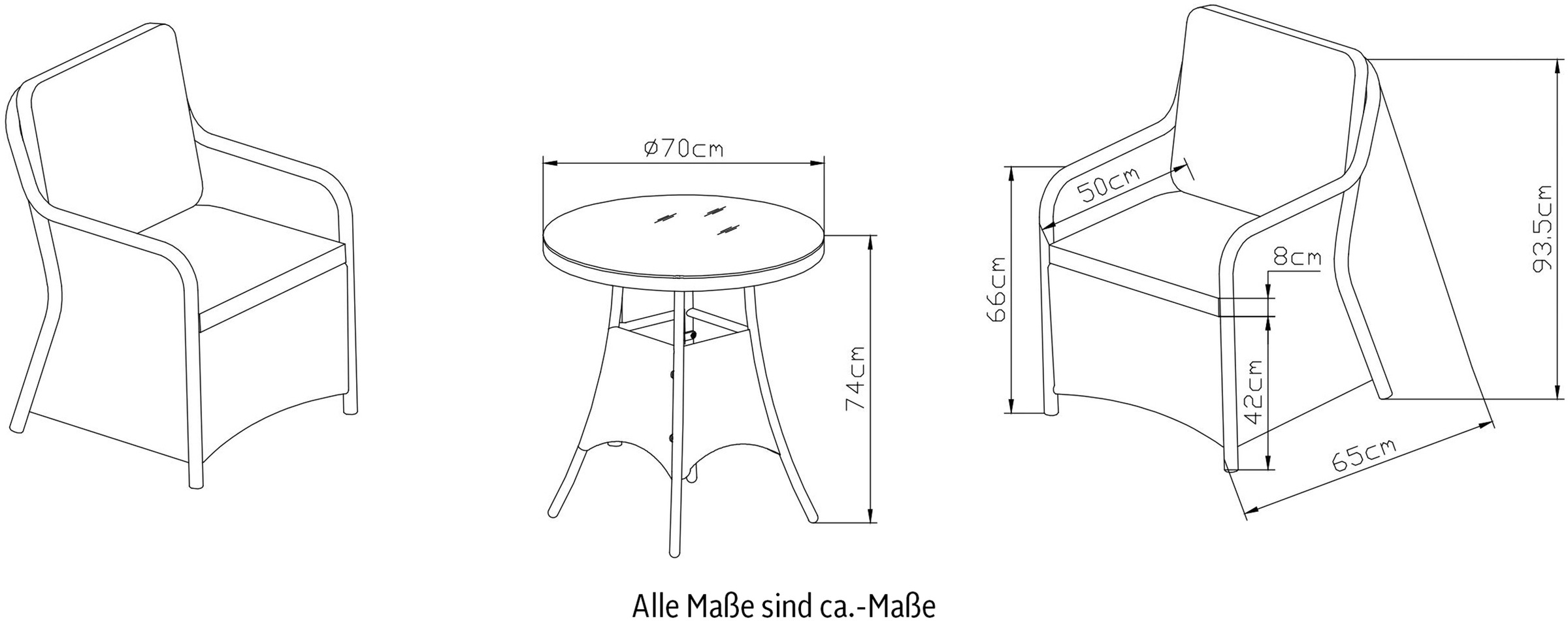 KONIFERA Garten-Essgruppe »Menorca« Set, 2x Sessel, 1x Tisch Ø 70 cm, inkl. Auflagen, Polyrattan, Aluminium, 3 Stk. tlg. Polyrattan, Aluminium, Tischplatte aus 5mm starkem Sicherheitsglas