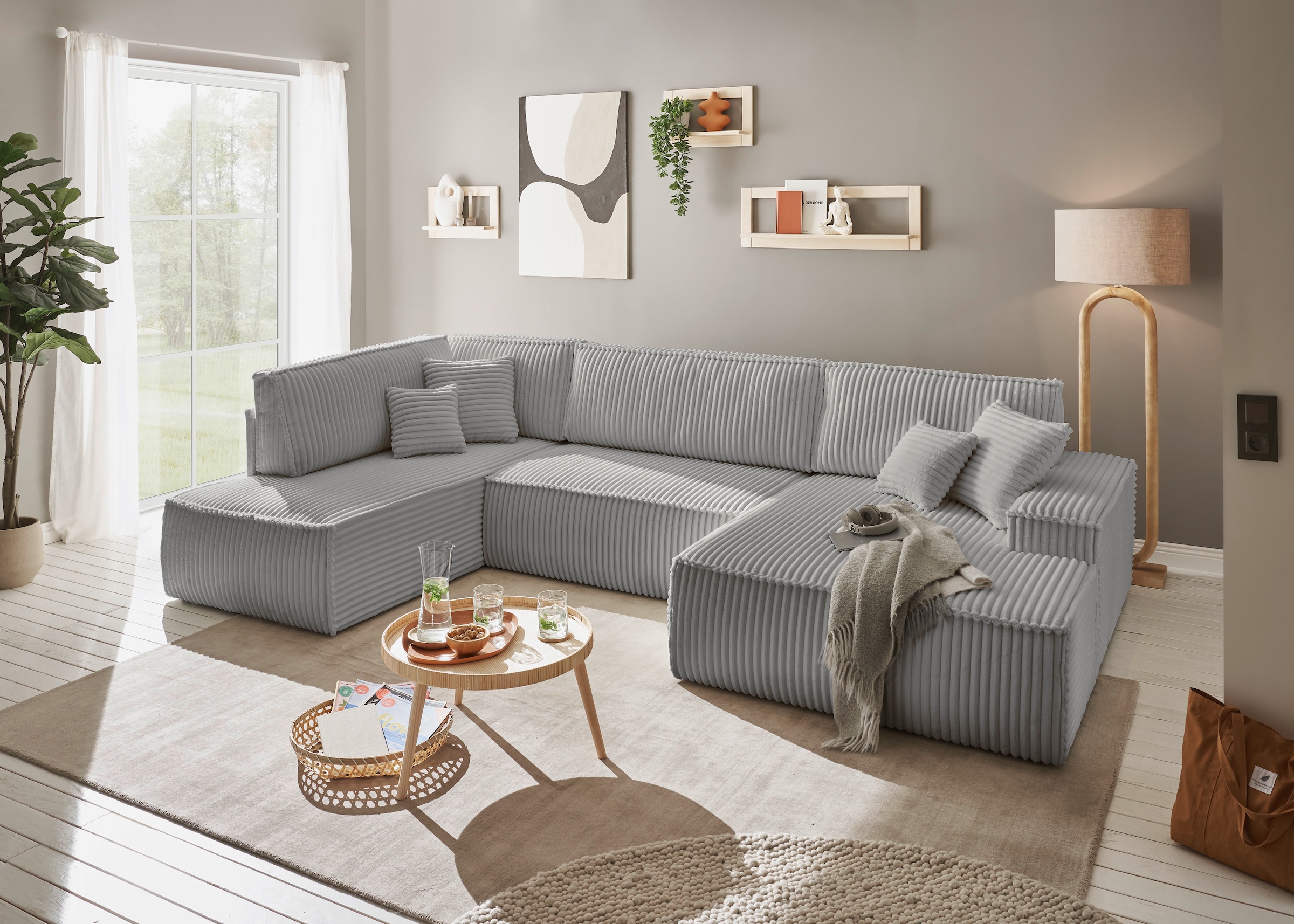 andas Wohnlandschaft »FINNLEY U-Form XXL 329 cm, Schlafsofa, Schlaffunktion m. Bettkasten«, (194/139 cm), Bouclé, Struktur und Cord