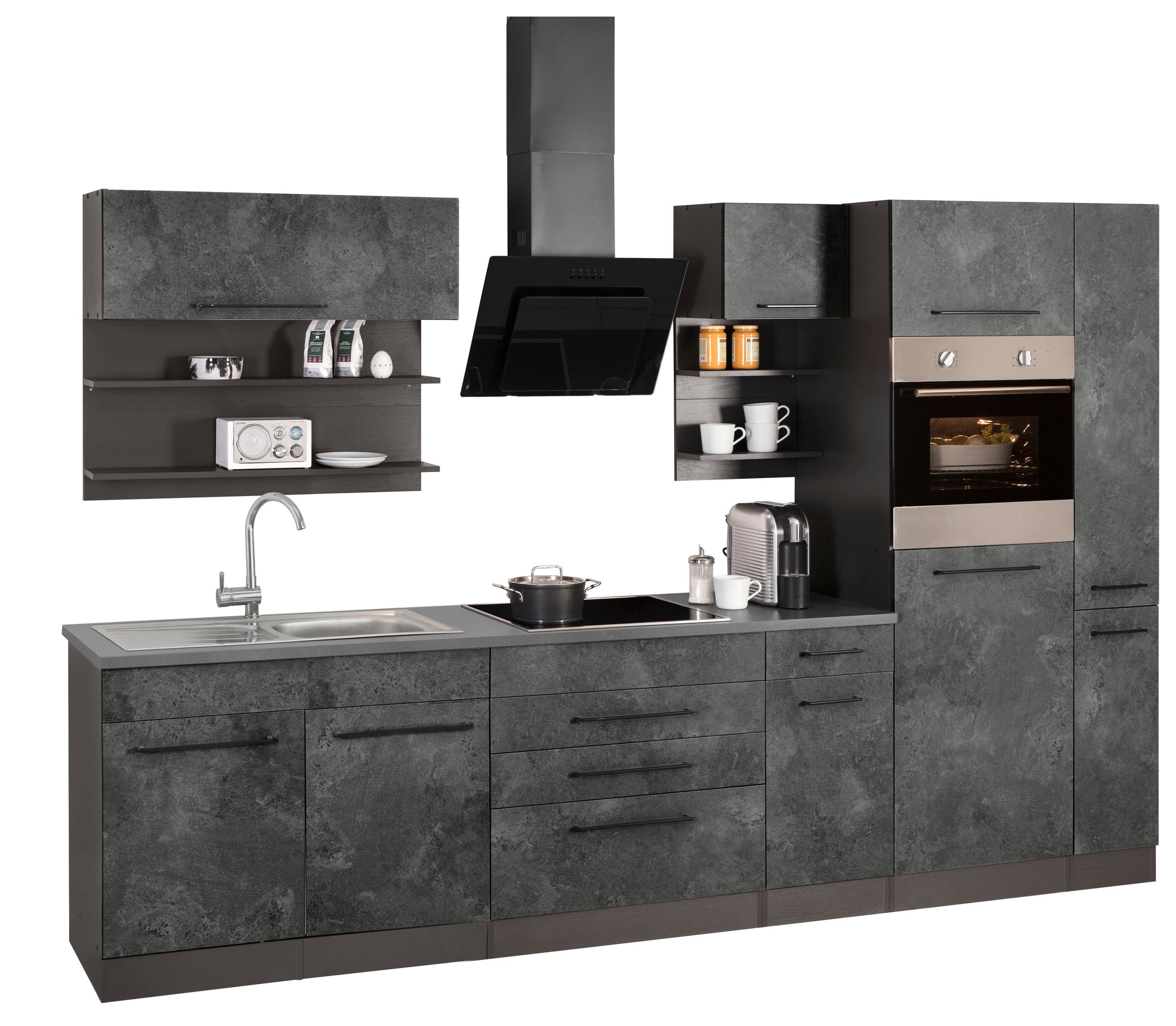 KOCHSTATION Küchenzeile »KS-Tulsa«, mit E-Geräten, Breite 320 cm, schwarze Metallgriffe, MDF Fronten