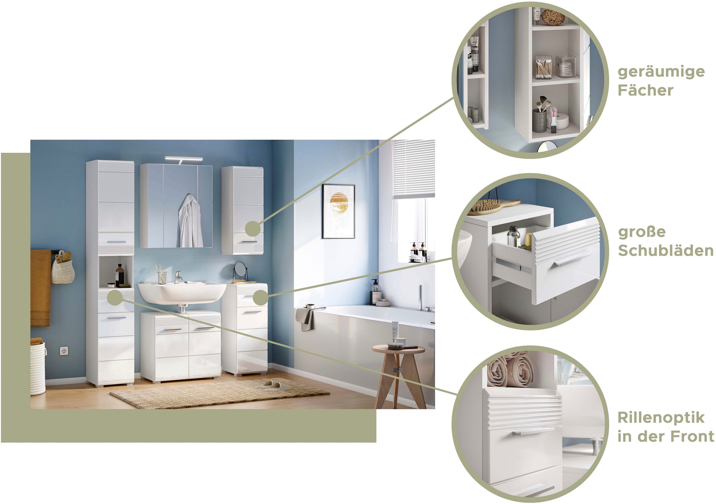 INOSIGN Badmöbel-Set »Malmö, 5 teilig, inklusive LED Beleuchtung, bestehend aus:«, (Set, 5 St.), Hochschrank, WBU, Spiegelschrank, Unterschrank, Hängeschrank