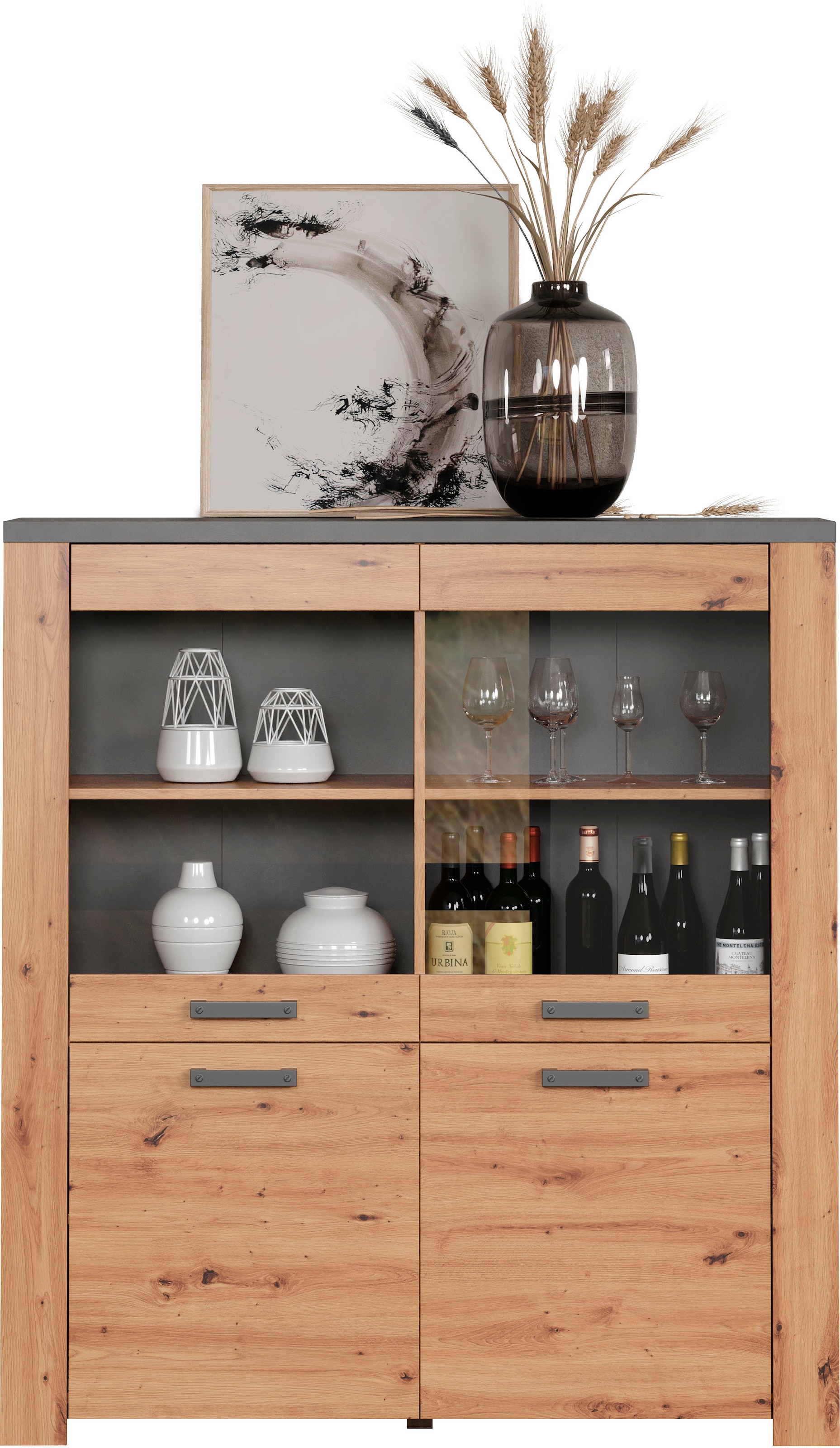 Home affaire Highboard »Ambres«, (1 St.), Vitrine, Echtholzoptik, ca. Maße BxH: 127x139 cm