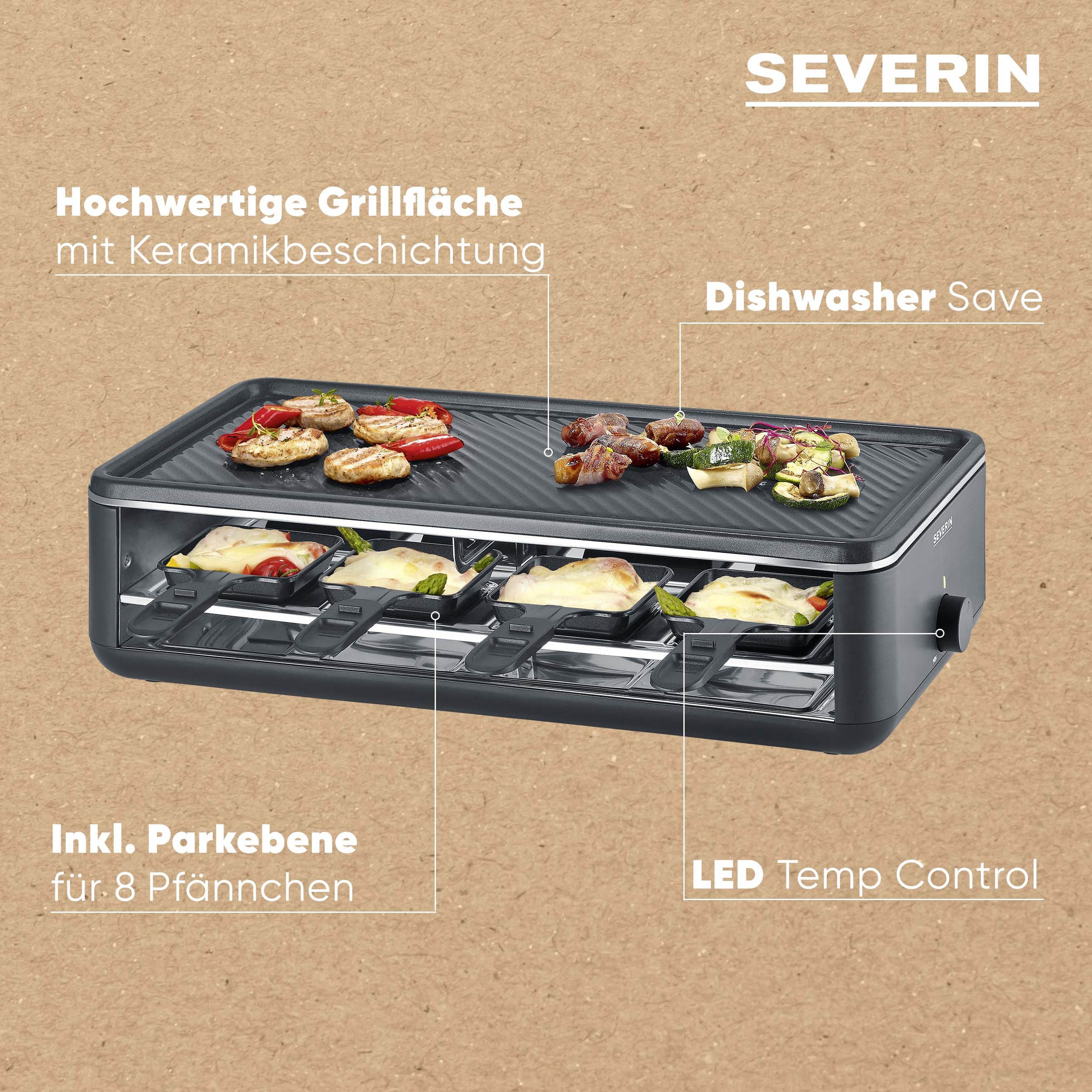 Severin Raclette »Black Line Lite RG 2365« 8 Stk. Raclettepfännchen 1.400 W Raclette-Grill
