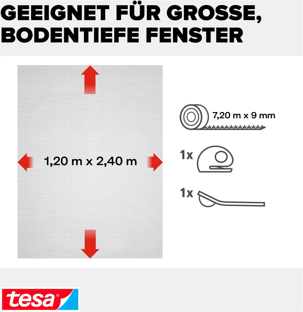 tesa Fliegengitter-Gewebe »Premium für Fenster, Insektenschutz mit Klettband - 120 x 240 cm« Packung, Fliegennetz, Klettband, Andrück und Schneidehilfe, 1 Stk. tlg. Insektenschutzgitter - ohne Bohren - zuschneidbar