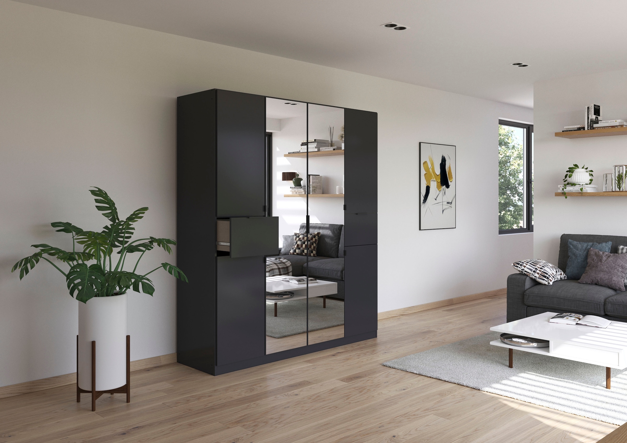 rauch Drehtürenschrank »Kleiderschrank Schrank Garderobe Wäscheschrank TICAO«, (Schubladen in der Höhe variabel positionierbar), mit 2 geräumigen Schubladen, viel Stauraum MADE IN GERMANY
