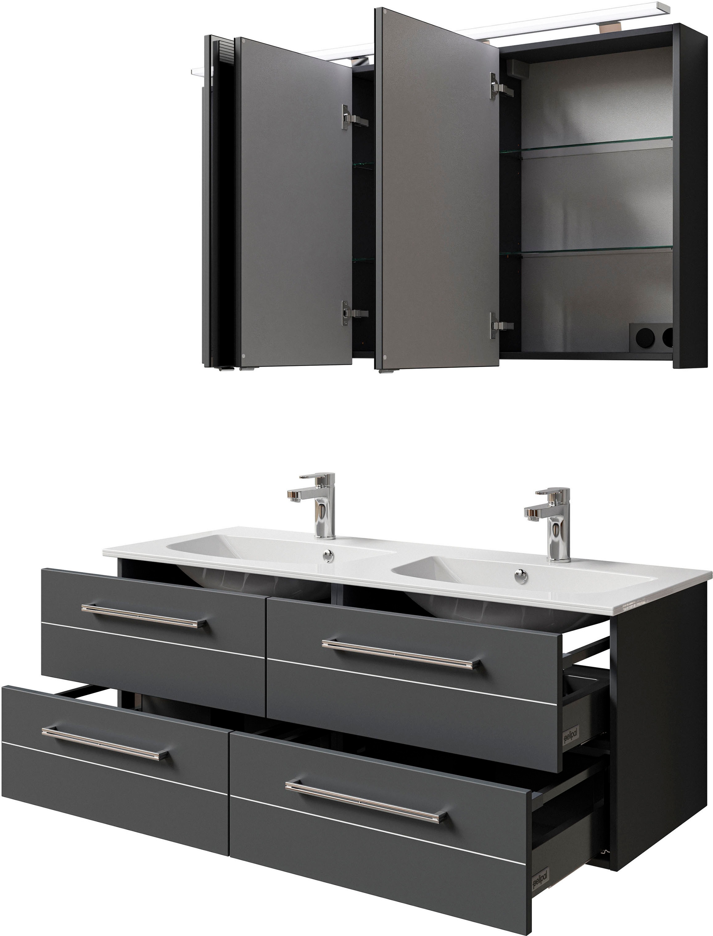 Saphir Badmöbel-Set »Serie 6025 2-teilig Mineralmarmor-Waschtisch mit LED-Spiegelschrank«, (2 St.), Waschplatz 132cm breit, 4 Schubladen, 2 Spiegel-Türen, inkl Türdämpfer