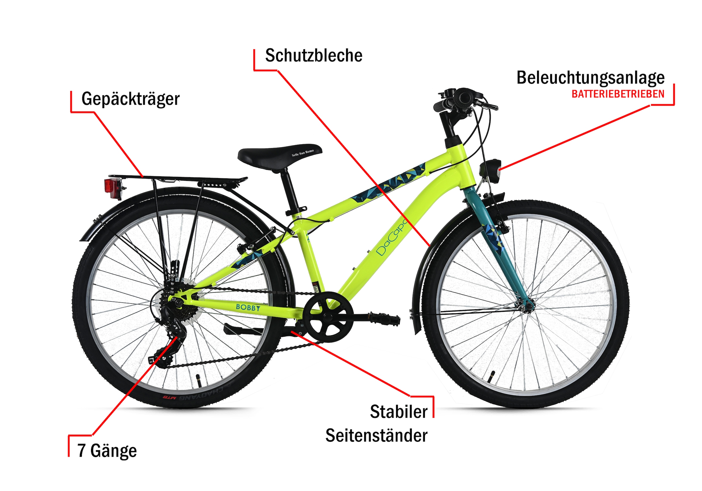 Dacapo Kinderfahrrad »24" Bobby Gelb 7 Gänge RH 32 cm - Ab 8 Jahre« 7 Gang Kettenschaltung