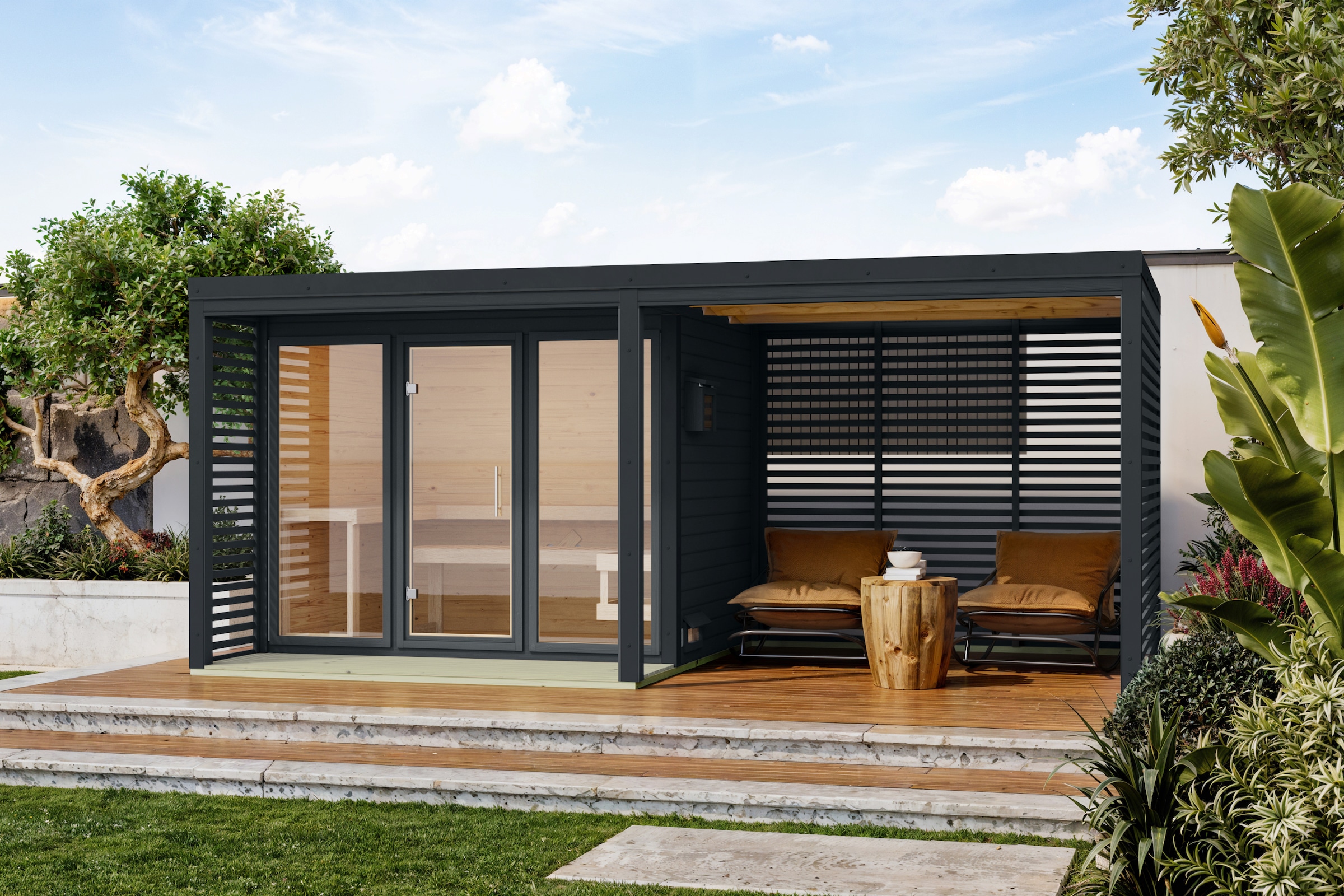 Karibu Anbaudach »für Saunahaus "Adrian" 2,76m inkl. Lamellenwänden« anthrazit-anthrazit