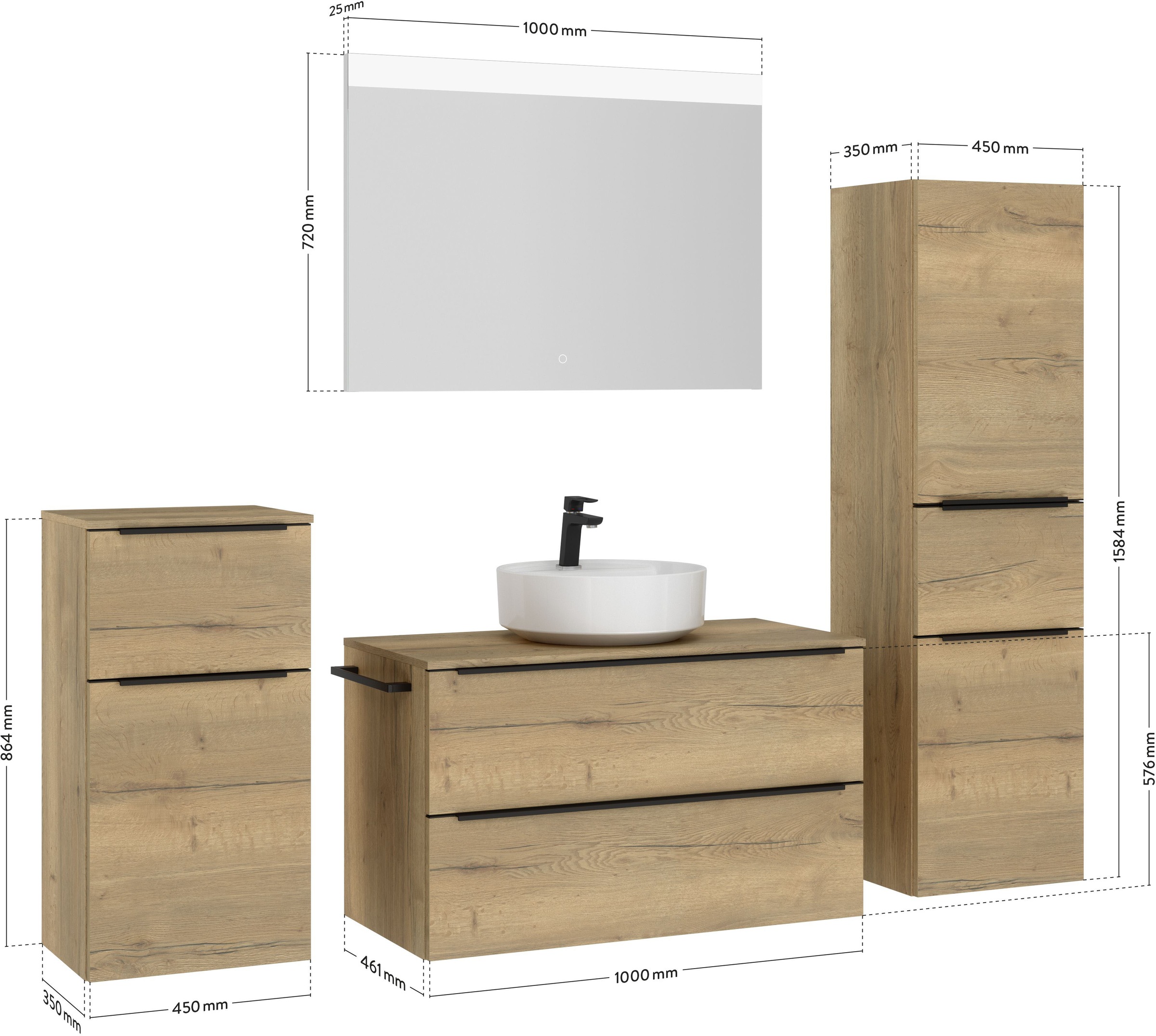 nobilia® Badmöbel-Set »Alvene«, (4 St., vormontiert, mit Soft-Close), inkl. Spiegel mit Touch-Sensor, in vier Breiten