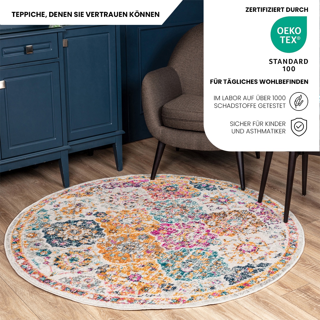 Livabliss Teppich »CUZCO«, rund, 11 mm Höhe, Vintage Orientteppich, Kurzflor Boho Wohnzimmerteppich, Läufer
