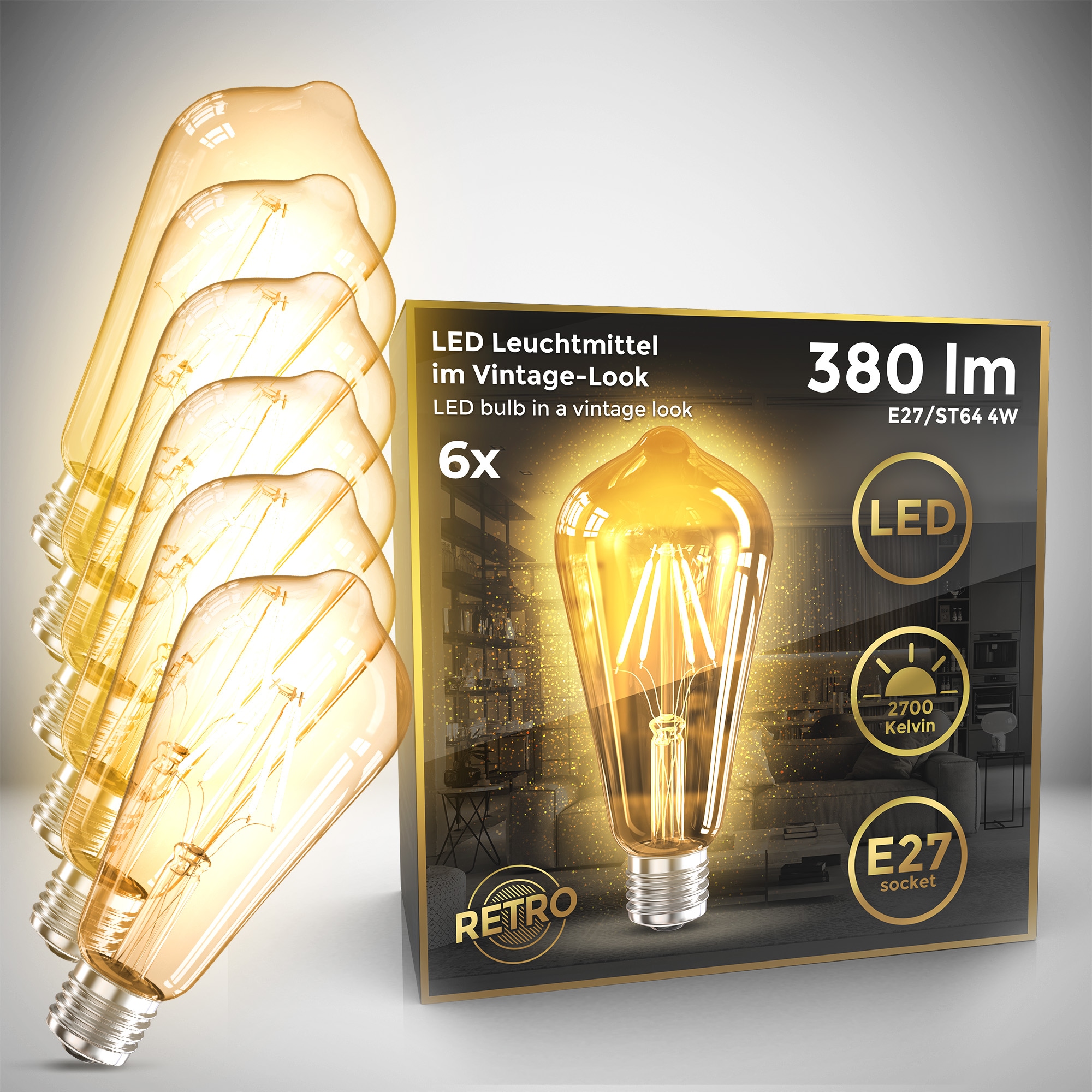 B.K.LICHT LED-Leuchtmittel "LED Leuchtmittel 6er Set E27 ST64" braun (amber), L:14,3cm Ø:6,4cm, Leuchtmittel, 2.700 K Edison Vintage Glühbirne Filament, LED-Leuchtmittel