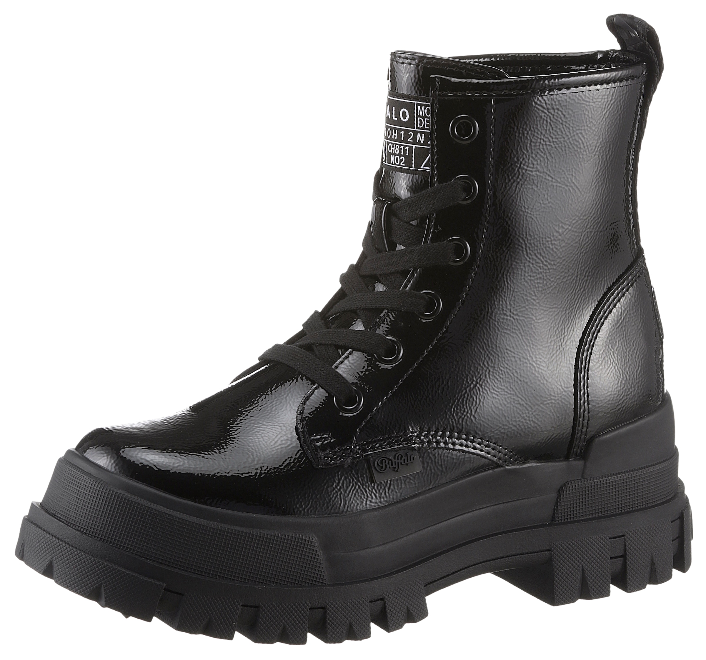 Buffalo Schnürboots »ASPHA RLD VEGAN«, Schnürstiefelette, Plateaustiefelette, Blockabsatz, in Lack-Optik