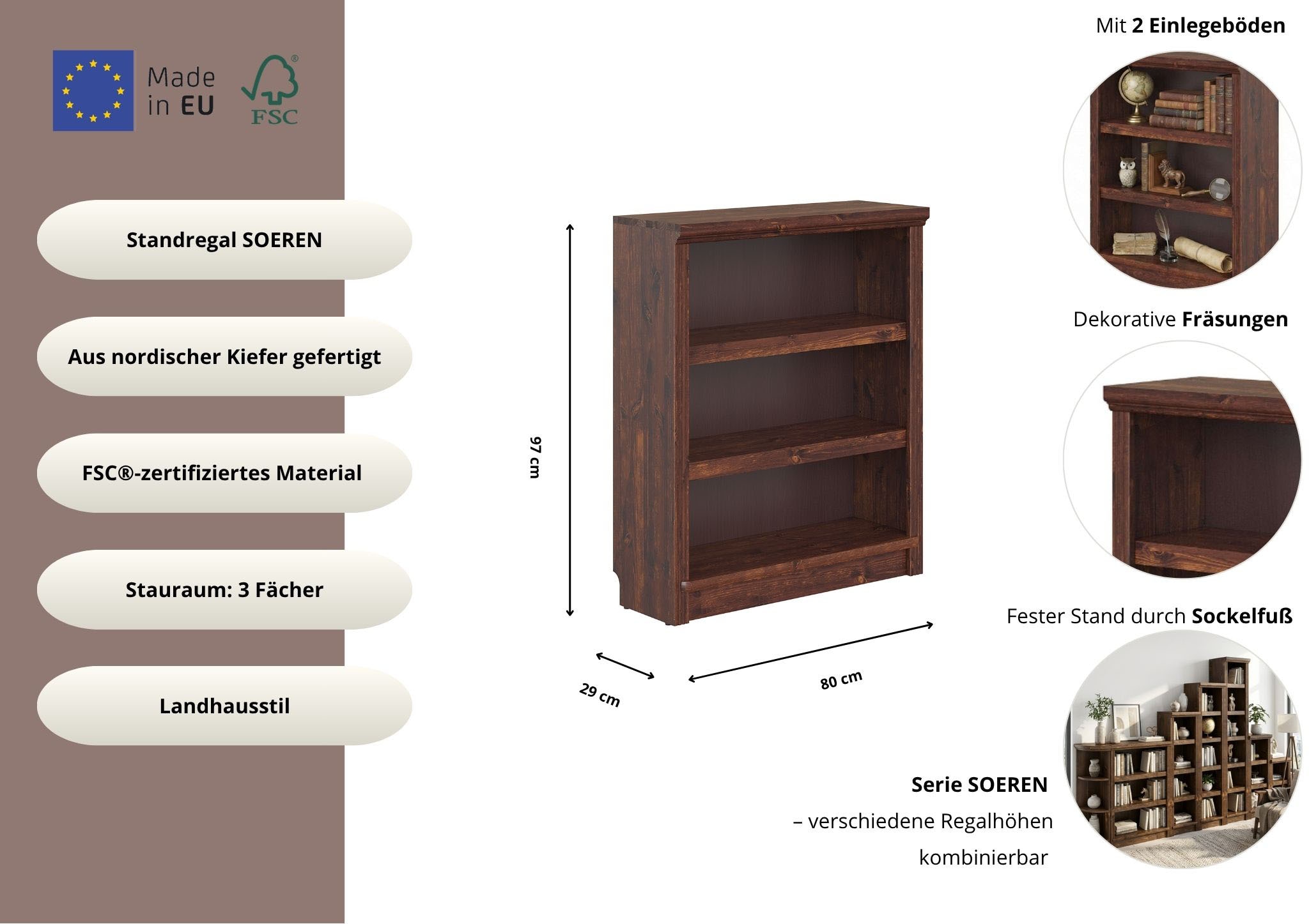 OTTO home Standregal »Soeren Regal Bücherregal B/T/H: 80/29/97 cm« massive Kiefer, FSC®-zertifiziert