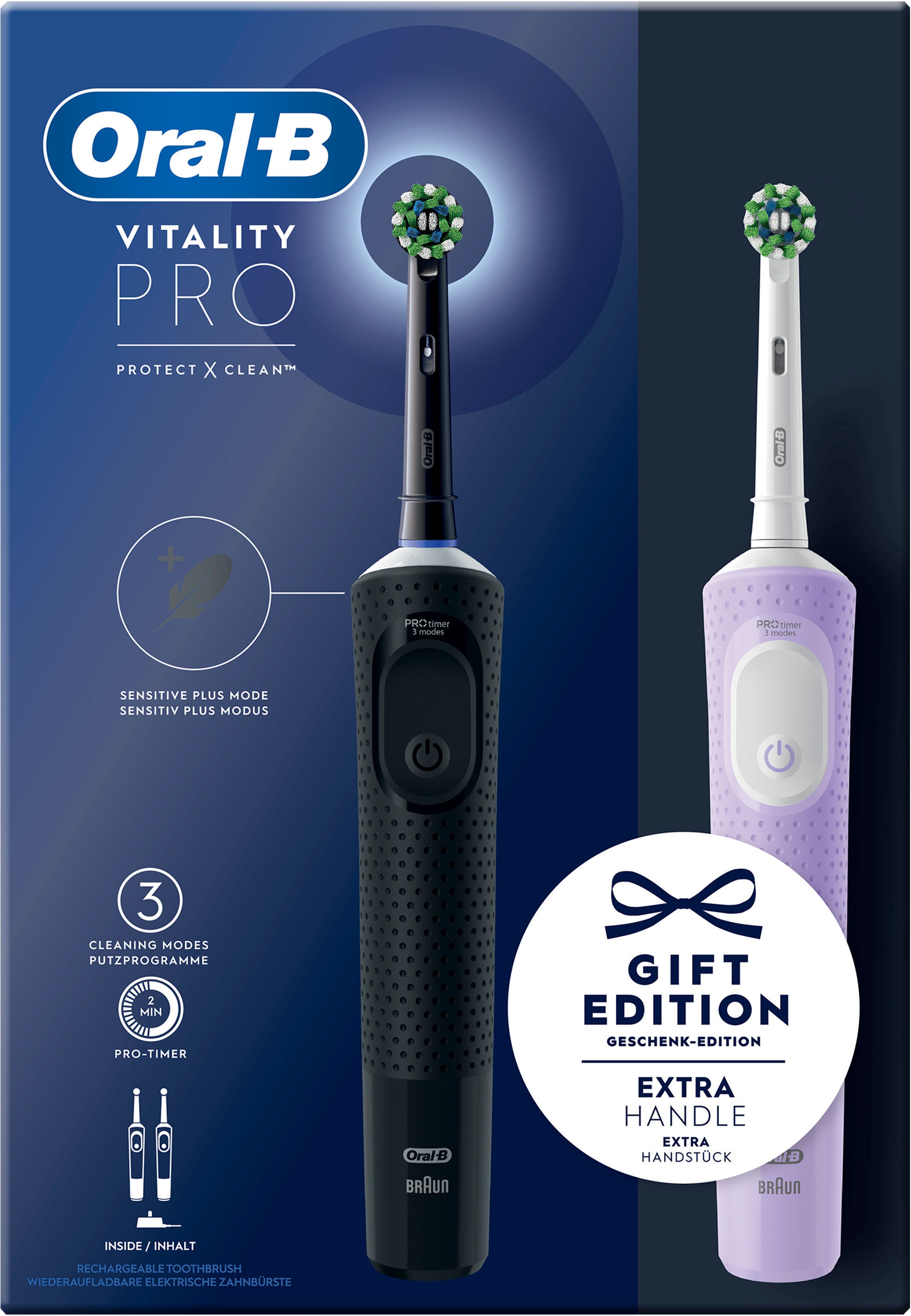 Oral-B Elektrische Zahnbürste »Vitality Pro«, 2 St. Aufsteckbürsten, 3 Putzmodi, Doppelpack