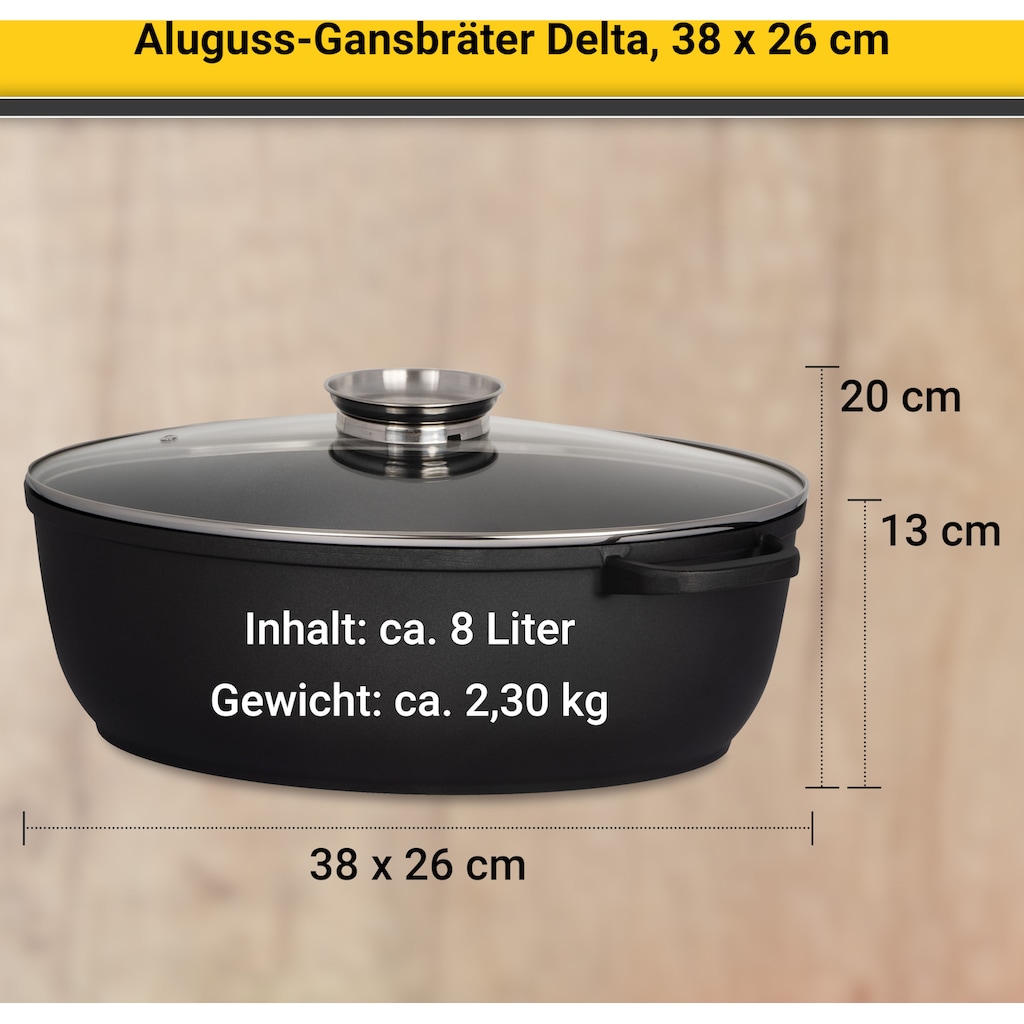 Krüger Bräter »Aluguss Gansbräter mit Glasdeckel und Aromaknopf DELTA, 38x26x13 cm«, Aluminiumguss, (1 tlg.)