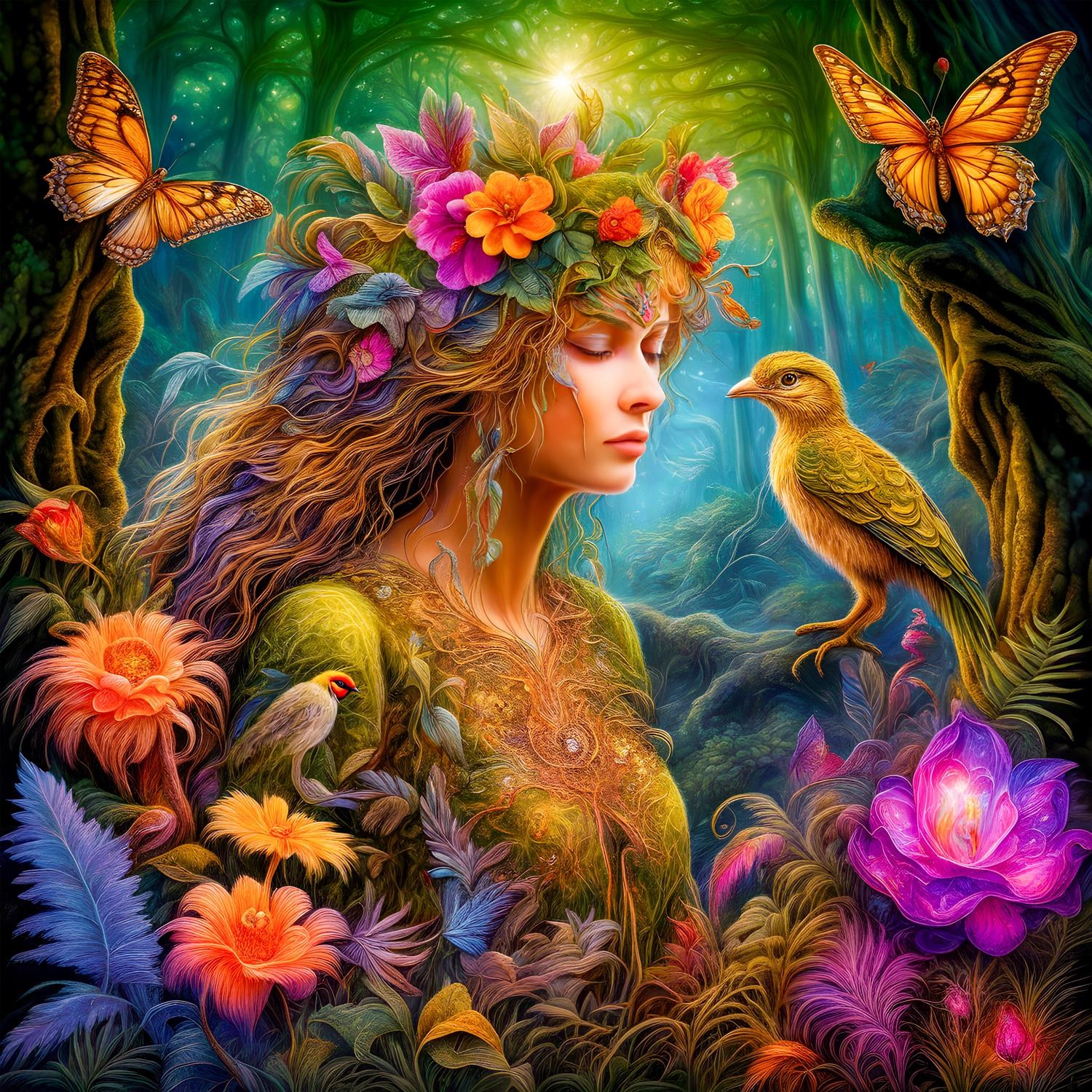 QUEENCE Acrylglasbild »Im Verborgenen des Zauberwaldes - Katharina Kolenda« Blumenbilder Fantasy Frau Tiere Vogelbilder Vögel 1 Stk. tlg....